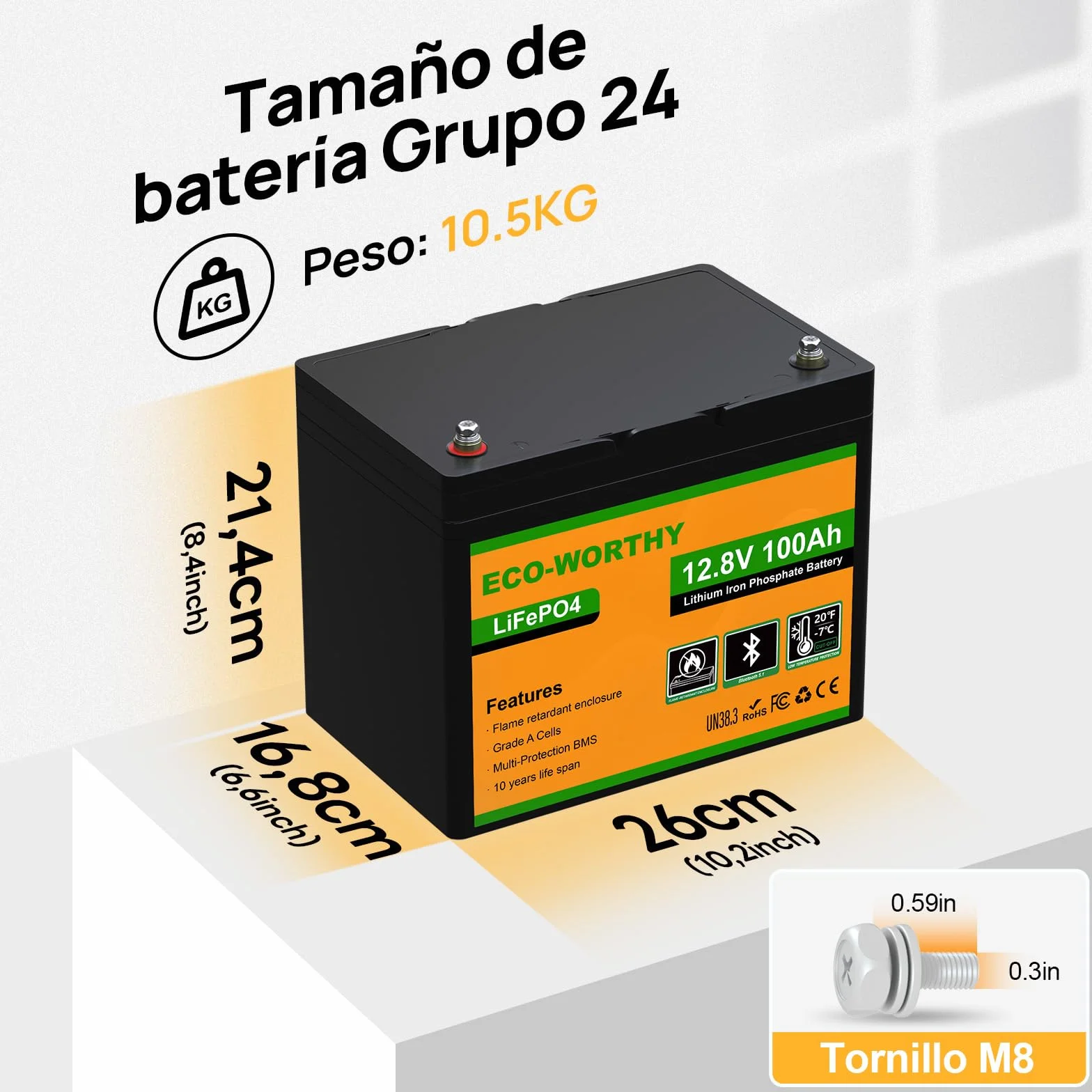 ECO-WORTHY Batería LiFePO4 12V 100Ah Bluetooth BMS Protección Baja Temperatura 1280Wh para Autocaravanas