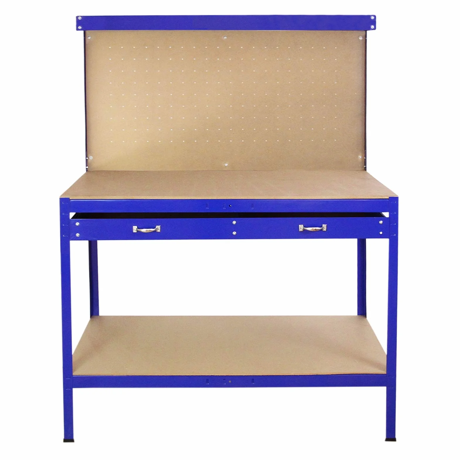Mesa de Trabajo Metálica 155x120x60cm Banco de Trabajo Azul con Tablero de Clavijas y Cajón Capacidad 200kg Almacenamiento Herramientas Taller Garaje