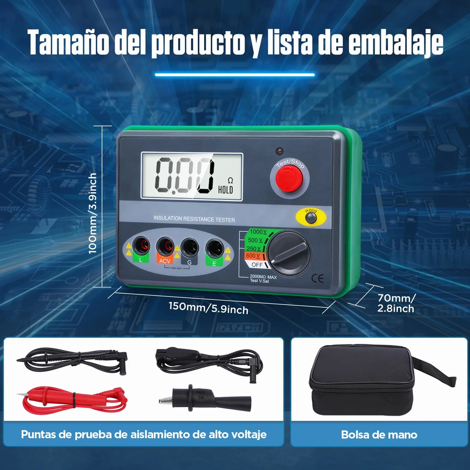 KAISAL Probador de Resistencia de Aislamiento 0-2000MΩ Digital Probador de Aislamiento Megohmetro