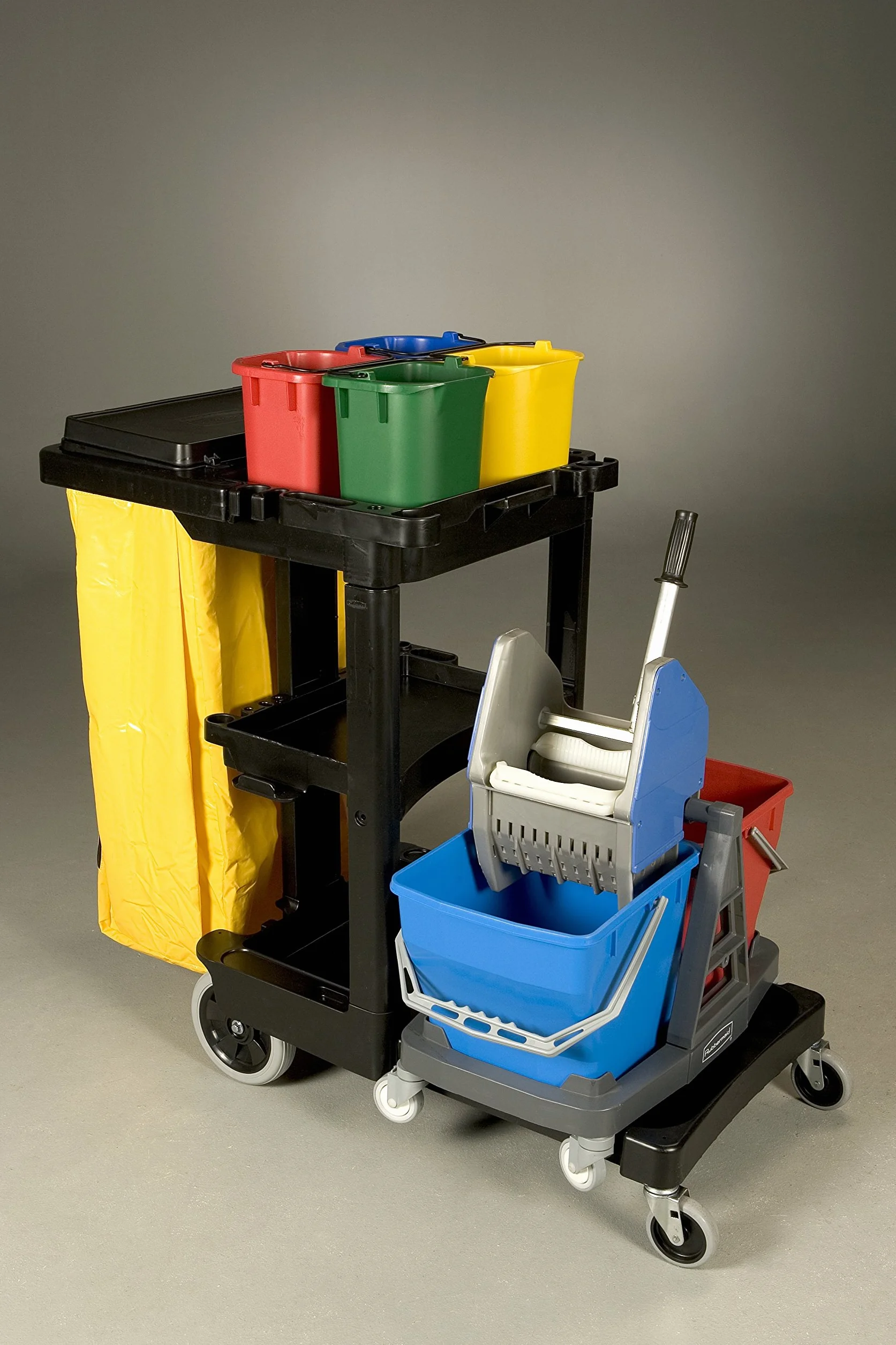 Rubbermaid Commercial Products 1805985 Carro de Limpieza con Bolsa de Vinilo, 2 Ruedas Fijas, 2 Ruedas Giratorias, Negro, 97.5 cm x 116.8 cm x 55.2 cm