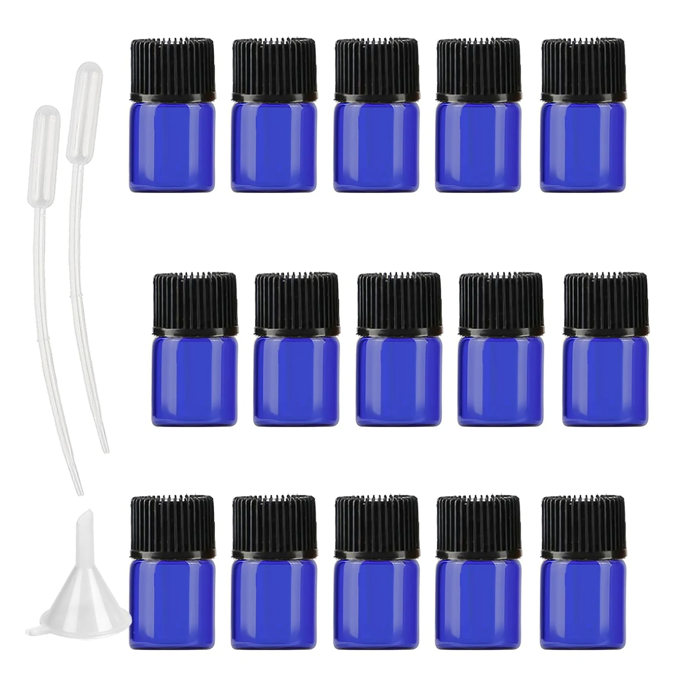 200 Piezas Azul 2ml Botellas Vacías de Aceite Esencial de Vidrio Frascos de Vidrio de Muestra con Tapón negro con Reductor de orificio para Cosmético, Aromaterapia