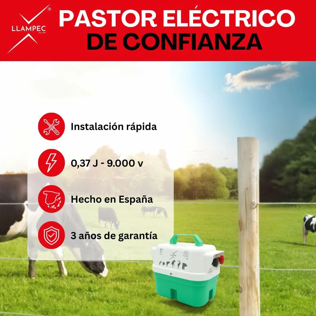Pastor Eléctrico Llampec Mod.03 a Pila 9V – 0,37 J, 9.000 V y 6 km de alcance – Cerca eléctrica portátil para perros, gatos, caballos y vacuno – Autonomía 90 días – Fabricado en España