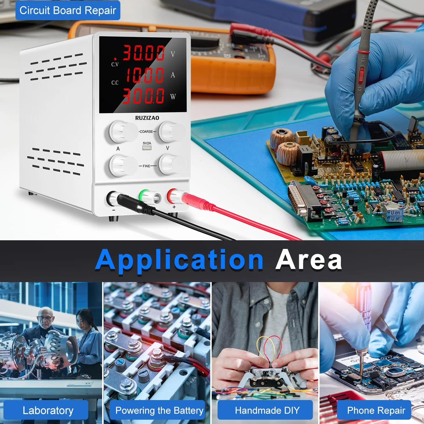 Fuente de Alimentación Regulable 30V 10A, Fuente de Alimentación de Laboratorio con Pantalla LED de 4 Dígitos y Puerto USB, Fuente de Alimentación de Banco Regulación Precisa y Salida Stable