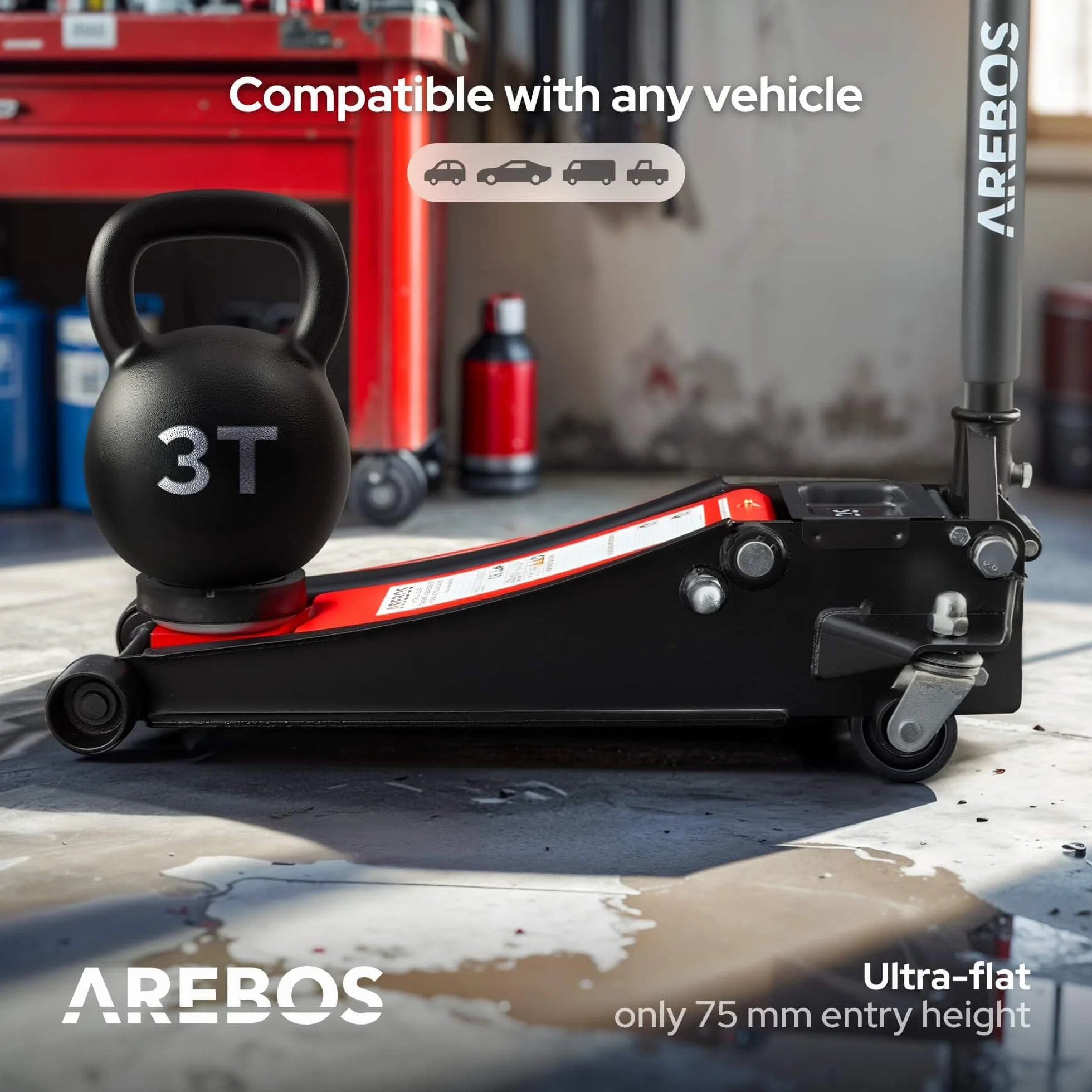 Arebos Gato hidráulico Plano 3T | 2 Soportes | 3 toneladas de Capacidad de Carga | 2 Soportes | Gato para Taller y aficiones | Gato para automóviles