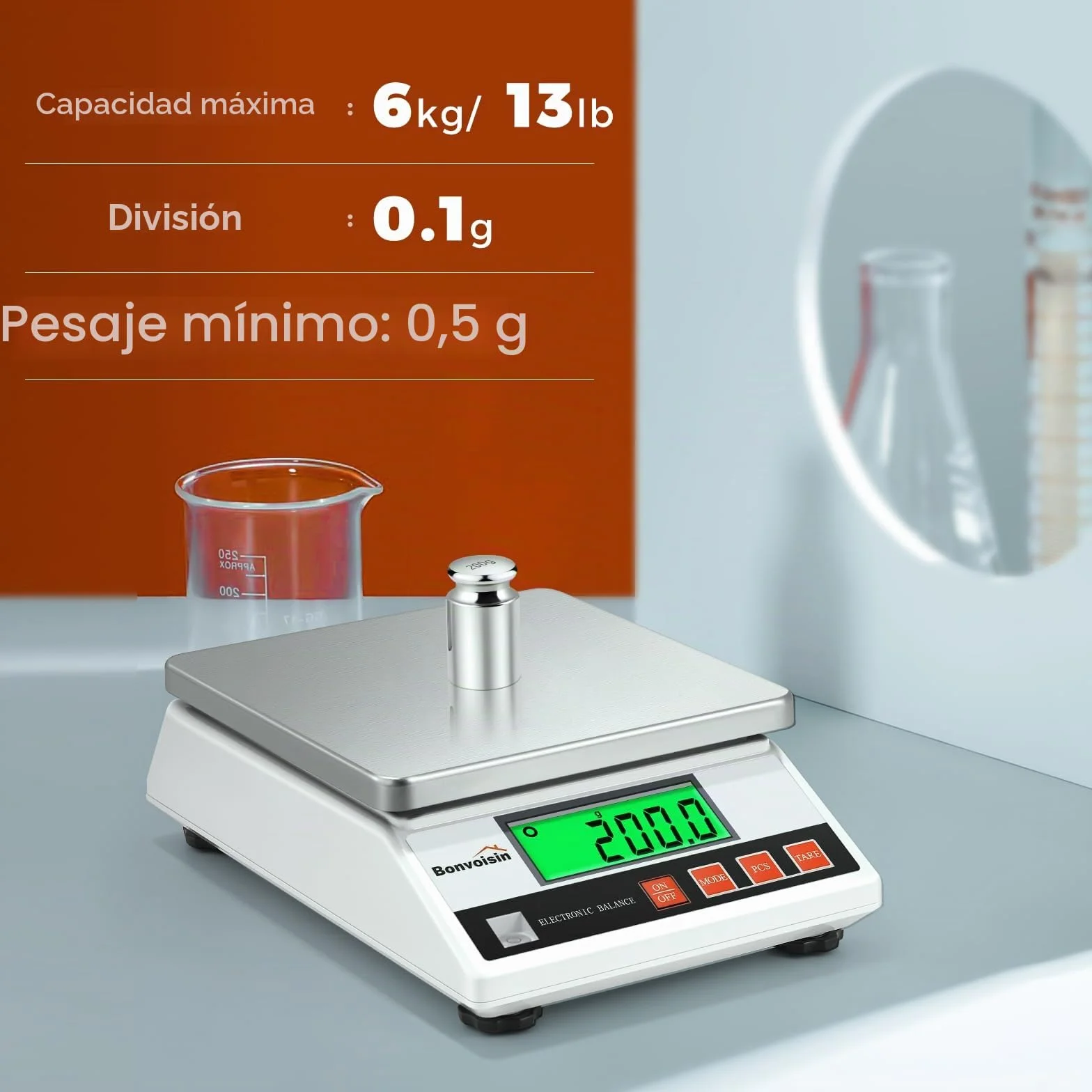 Bonvoisin Báscula de Precisión 6000g/0.1 g, Balanza Cuentapiezas Laboratorio Digital Electrónica Analítica con Certificación CE, Función de Conteo y Tara, Acero Inoxidable, Batería y Cargador (0.1g)