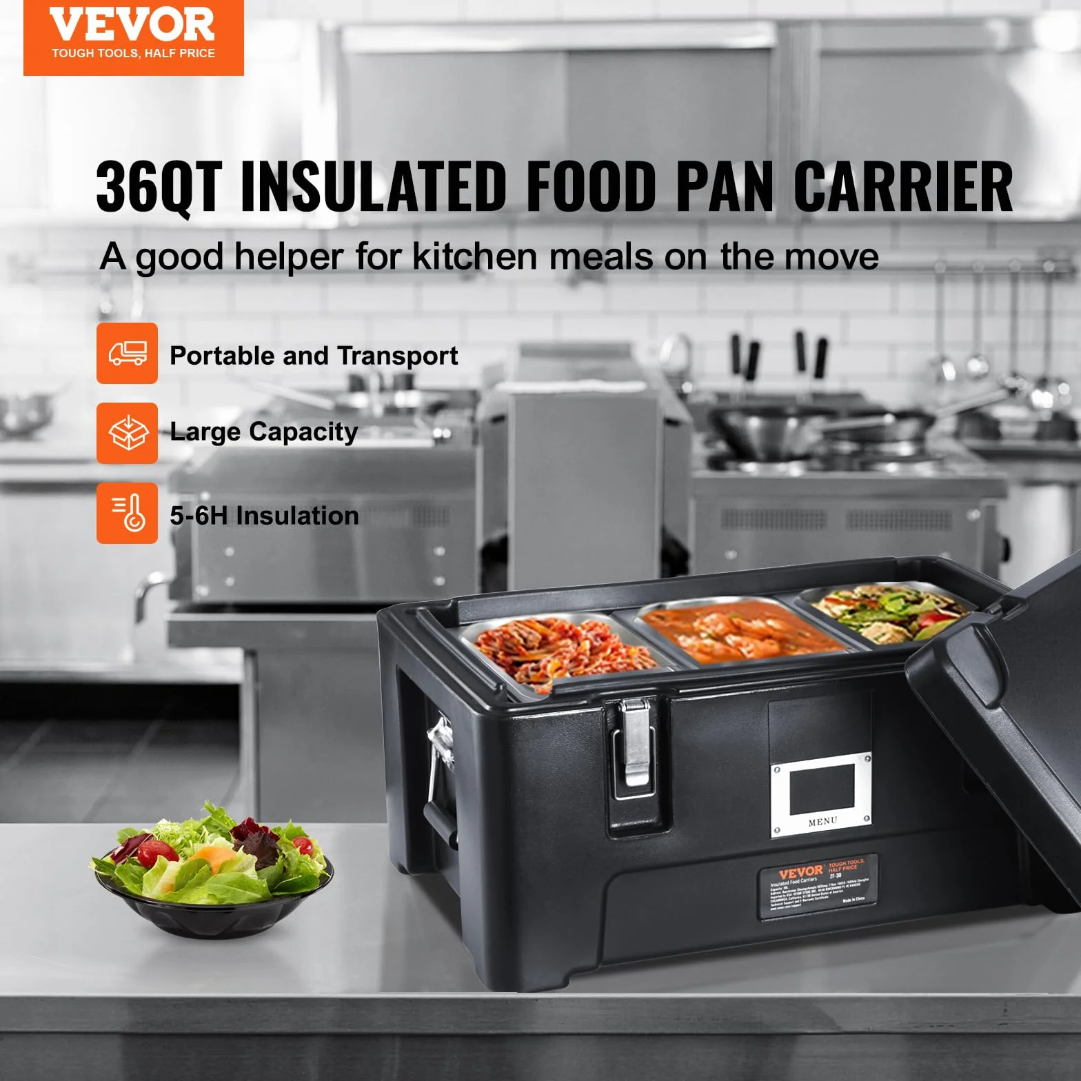 VEVOR Transportador de alimentos aislado 36 cuartos caja caliente apilable para catering con 3 sartenes de acero inoxidable calentador de alimentos LLDPE con asas laterales elásticas y hebillas, Negro