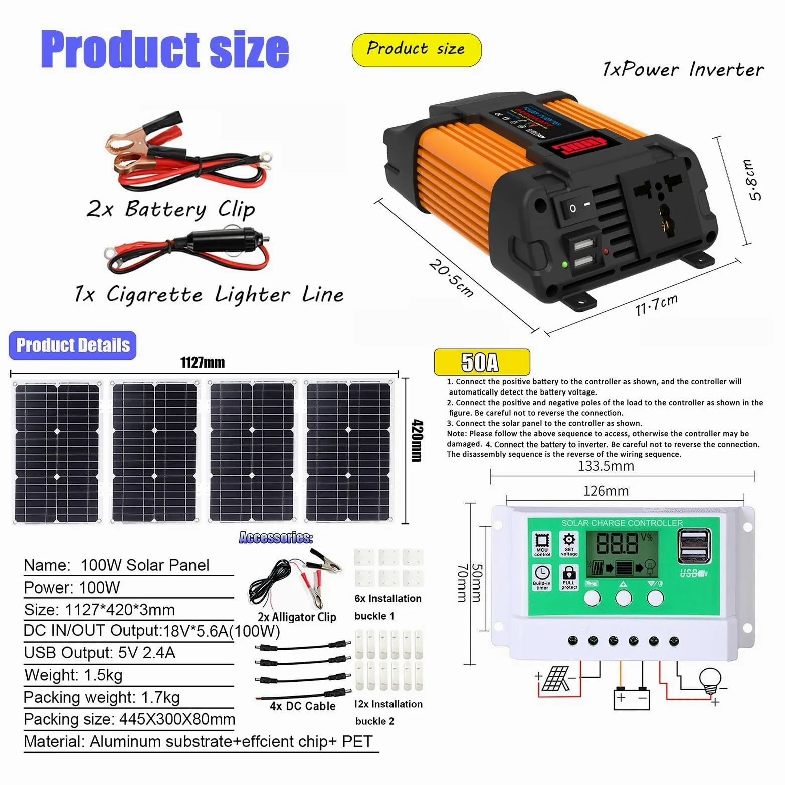 4000W/6000W Kit Solar Completo Con Inversor 100W Panel Y Controlador 50A | Panel Monocristalino Impermeable, Protección Múltiple De Circuitos, RV, Camping, Cabaña, Energía De Respaldo(4000W,12V-110V)