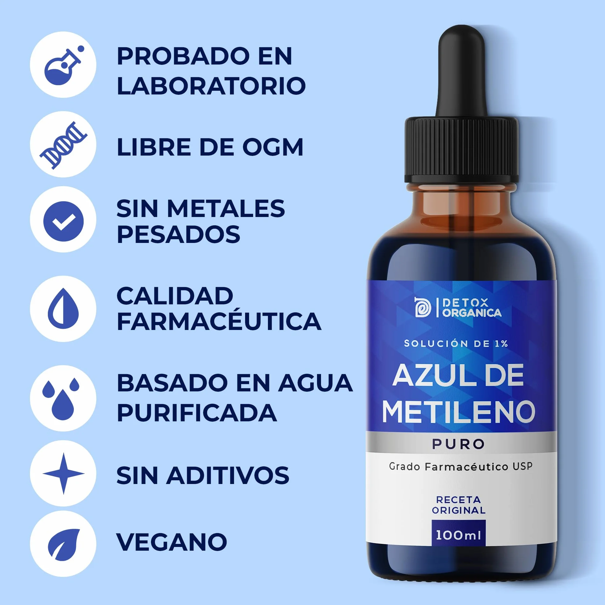 Detox Organica Azul de Metileno 1% Solución 100 ml - Methylene Blue de Alta Pureza