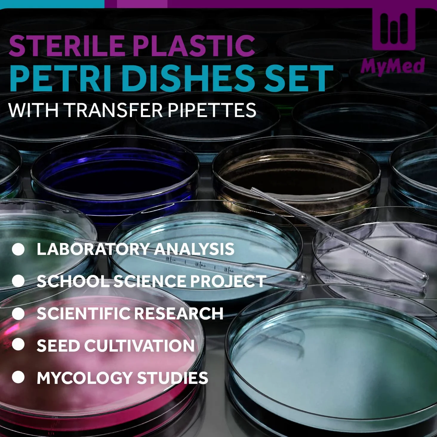 MyMed 100 placas de Petri estériles irrompibles con tapa (90 x 15 mm), pipetas de plástico de 2 ml para análisis de laboratorio, proyectos escolares, muestras de sangre, bacterias, plantas y cultivo