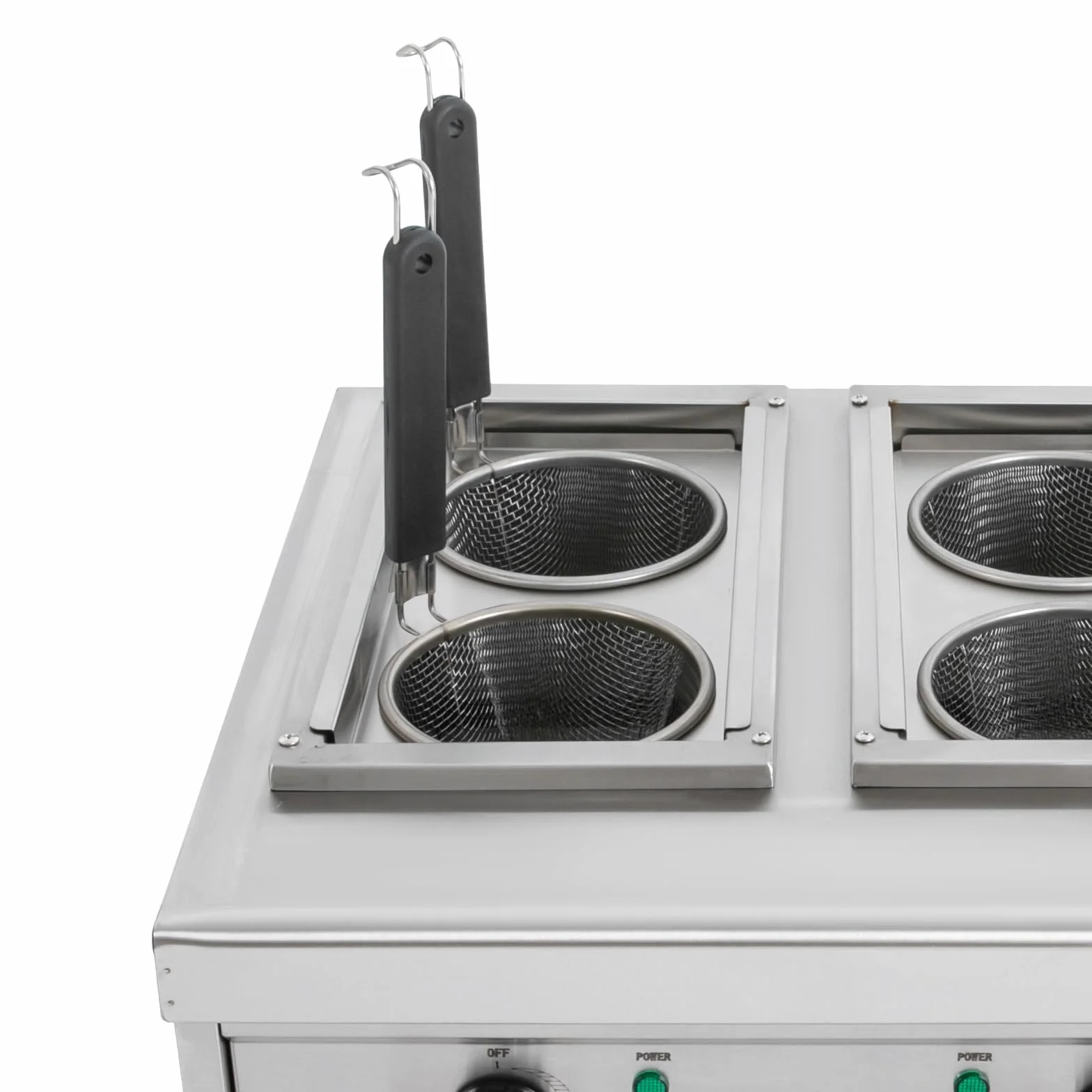 Hervidor de pasta eléctrico, 2 x 2 kW, cómoda máquina de cocinar pasta con 4 cestas de colador, 220 V, diseño de 4 agujeros, capacidad nominal 2 x 9 L, ajustable a 30 – 110 °C