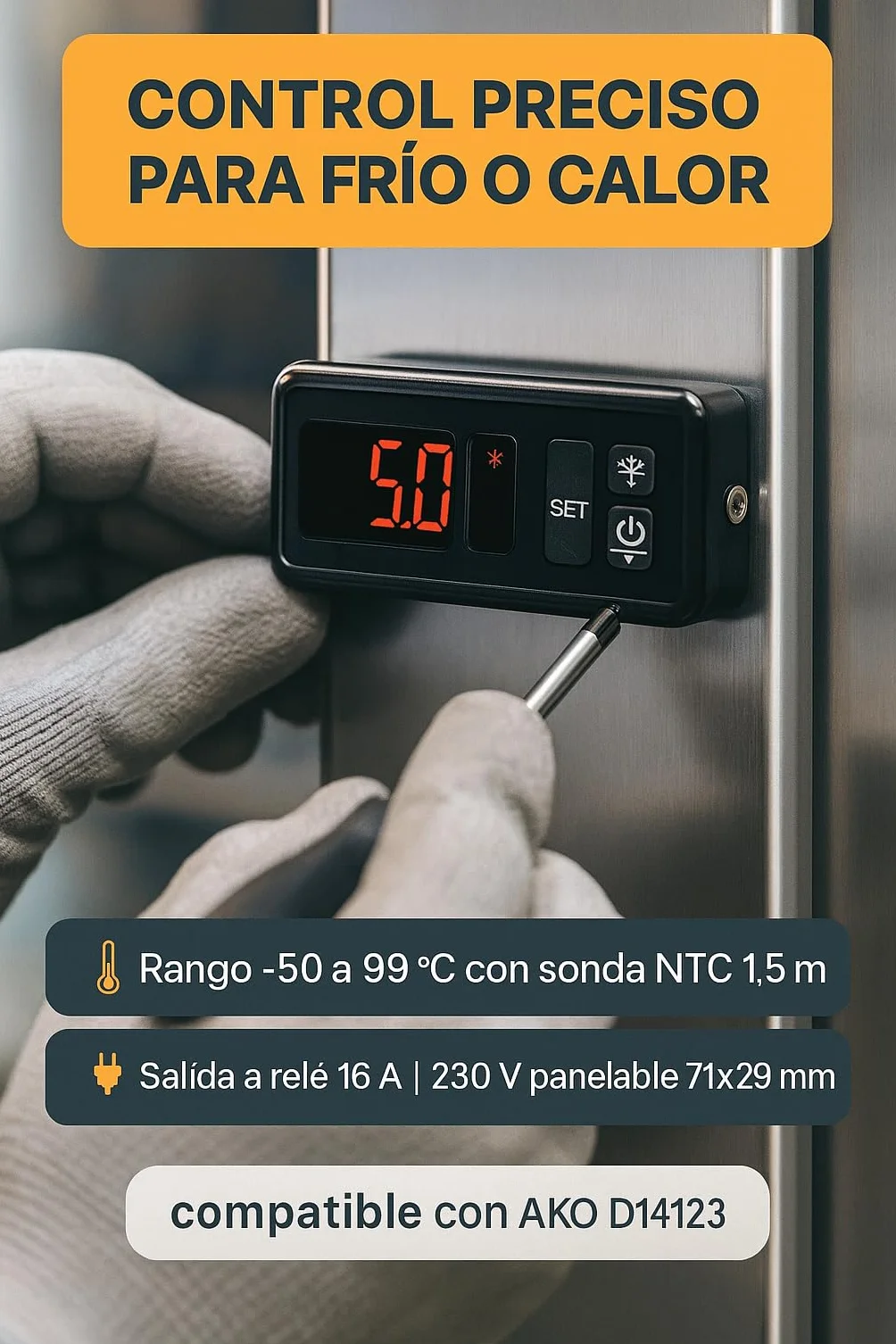 Termostato Digital Panelable RO Linea Blanca 230V 16A IP54 Compatible AKO D14123 Sonda NTC 1.5m