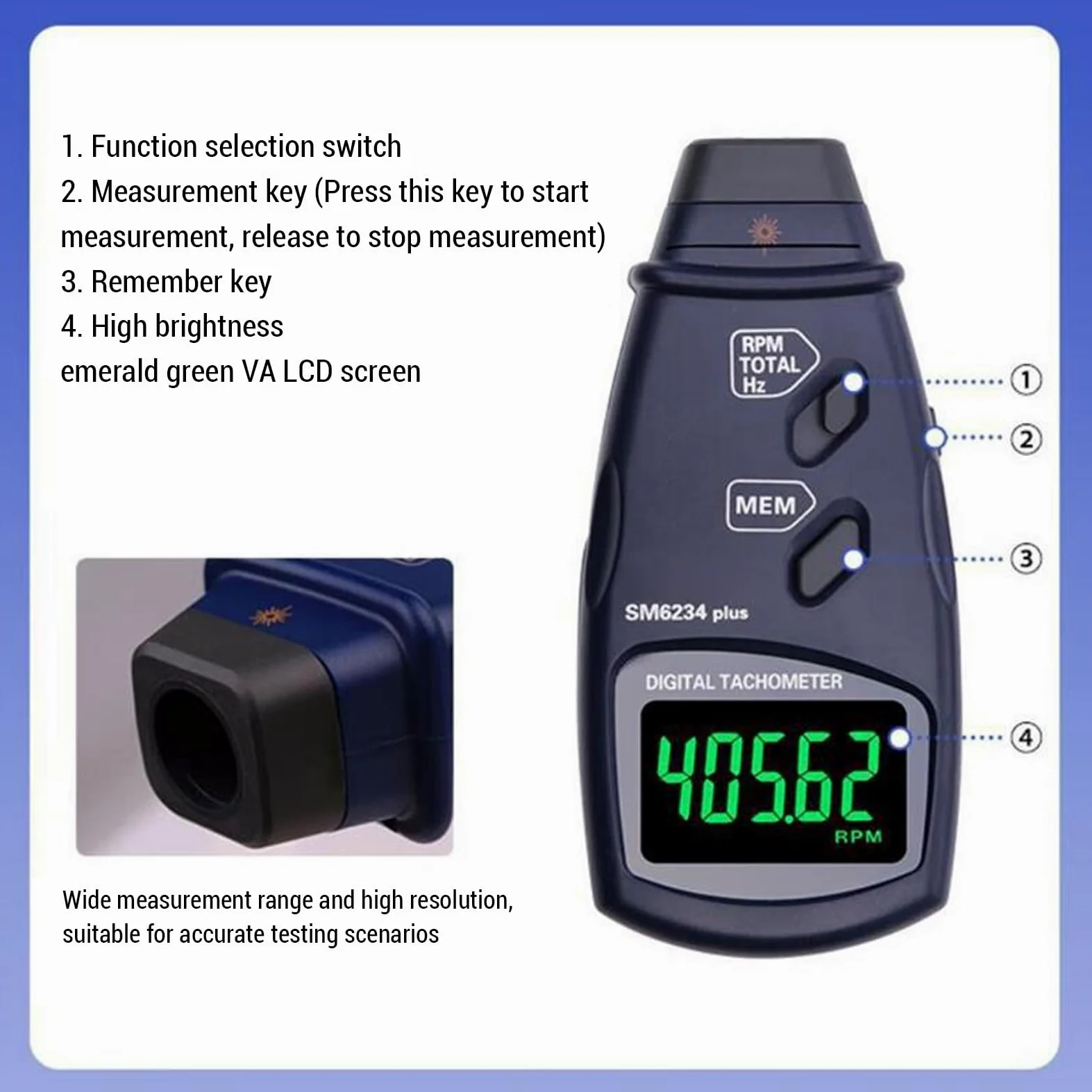 Tacómetro Digital Medidor de RPM Fototacómetro Láser Sensor sin Contacto 2.5 99999 RPM LCD Retroiluminado Probador de Velocidad de Motor Pequeño de Alta Precisión Medición de del Motor