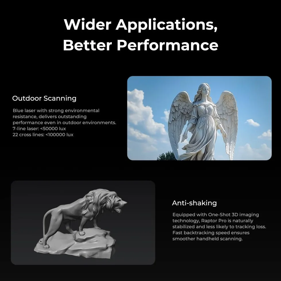 Creality CR-Scan Raptor Pro 3D Escáner de mano con velocidad de escaneo láser de hasta 60 fps y escaneo de luz estructurado, seguimiento antivibración, compatible con objetos de 5 a 4000 mm