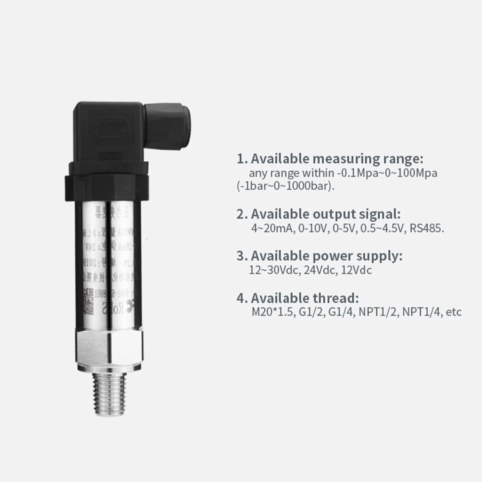 Transductor de presión Sensor de presión estática Agua Aire Aceite Transductor de presión de silicio difuso Transmisor de presión Absoluta neumático(0-0.4Mpa)