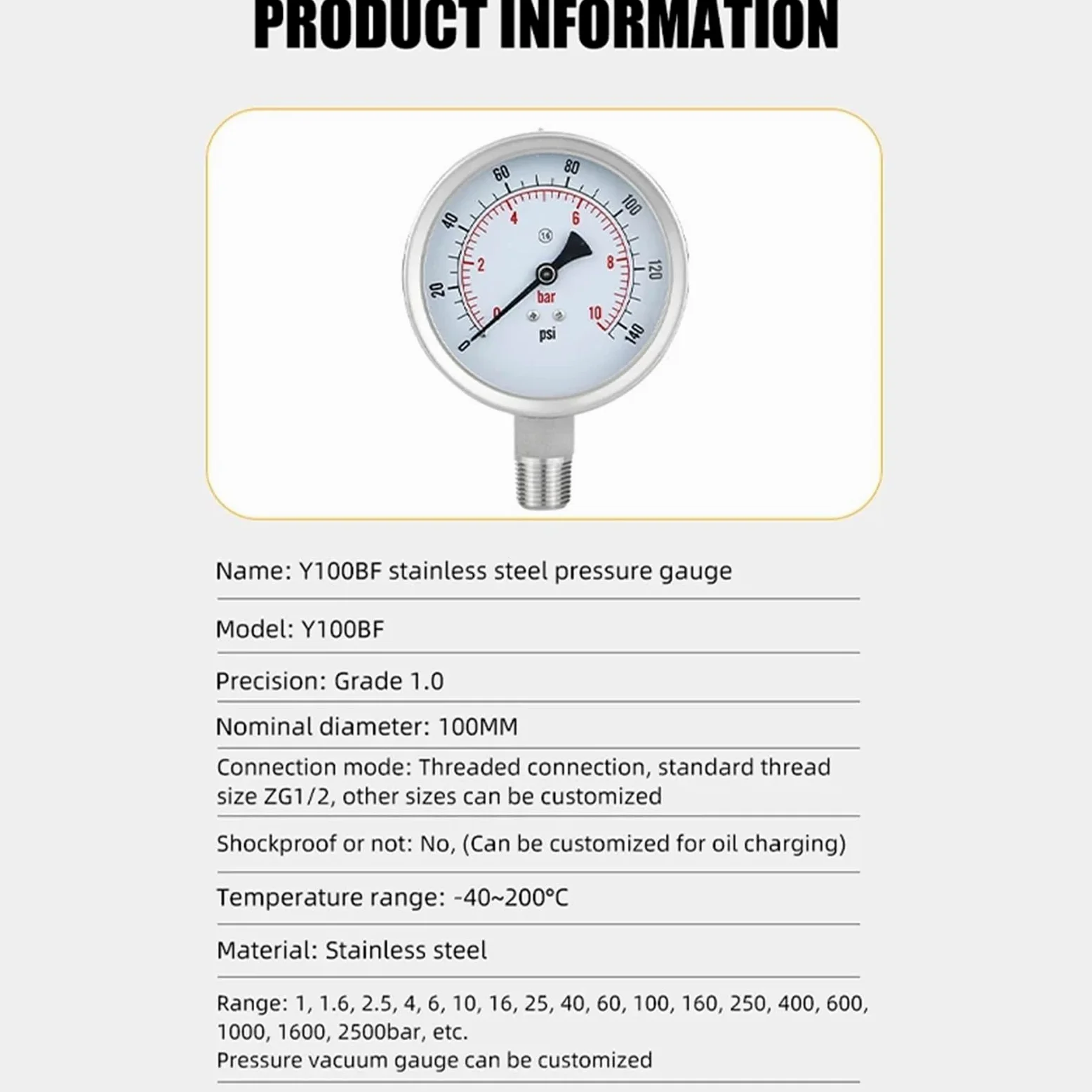 Manómetro de 100,5 mm para Filtro de Tanque, dial de presión de Agua, manómetro hidráulico, Rosca Zg1/2-40-200 ℃, 1-2500 Bar (Color: NPT 1-2 con Aceite, tamaño: 0-6 Bar)