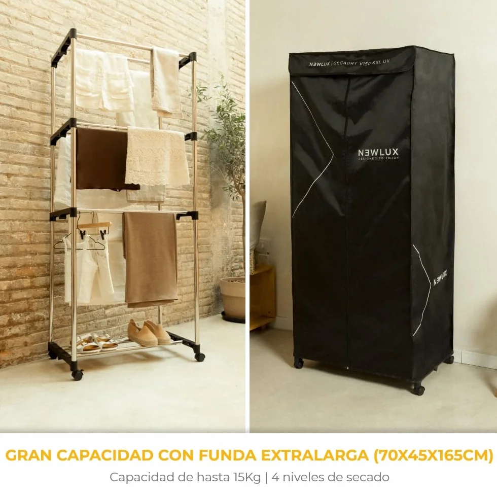 NEWLUX Secadora de Ropa Eléctrica Portátil 15Kg 1200W Luz UV 4 Niveles 180min Negro