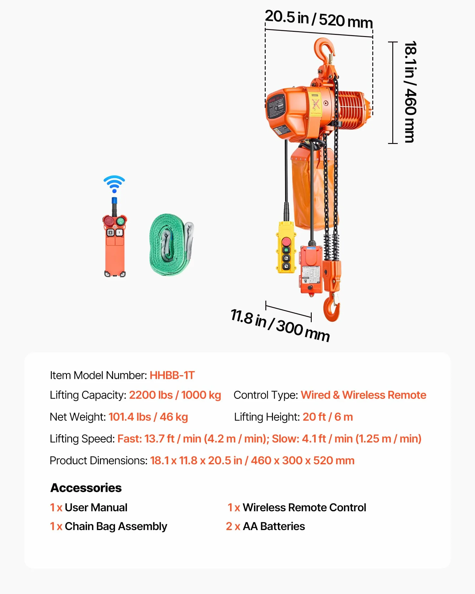 VEVOR Polipasto Eléctrico de Cadena Carga 1000 kg, Elevación de 6 m, Trifásico 480 V, 60 Hz, Doble Velocidad 1,2 y 4,2 m/min, Control Remoto por Cable e Inalámbrico, Acero G80 para Motor Garaje Taller
