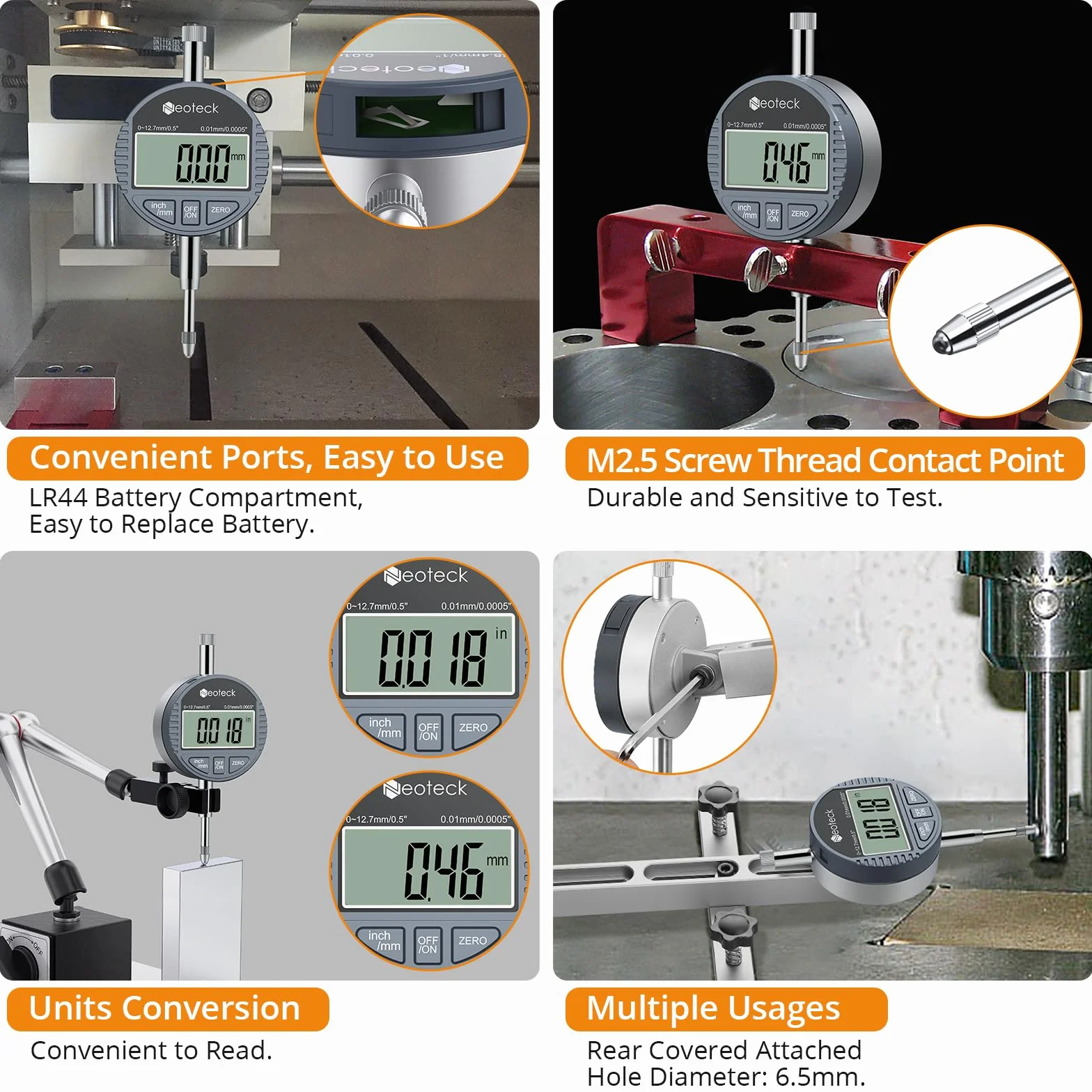 Neoteck DTI Indicador Digital 0.01/.0005'' 0-12.7mm/0-0.5" Reloj Comparador Medición