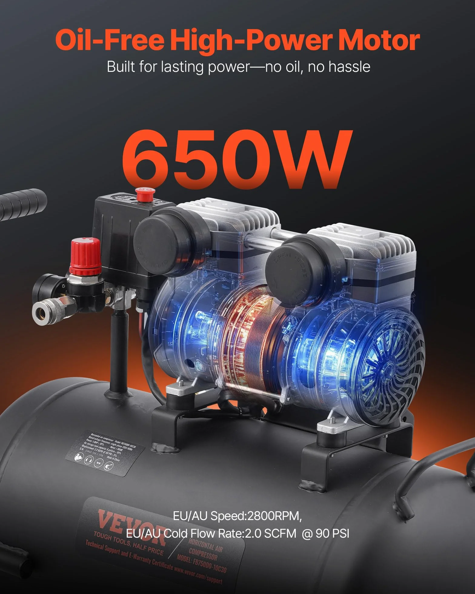 VEVOR Compresor de Aire sin Aceite 1 HP, Tanque de Acero 30 L, 2,2 CFM 90 PSI, 120 PSI, Portátil 80 dB