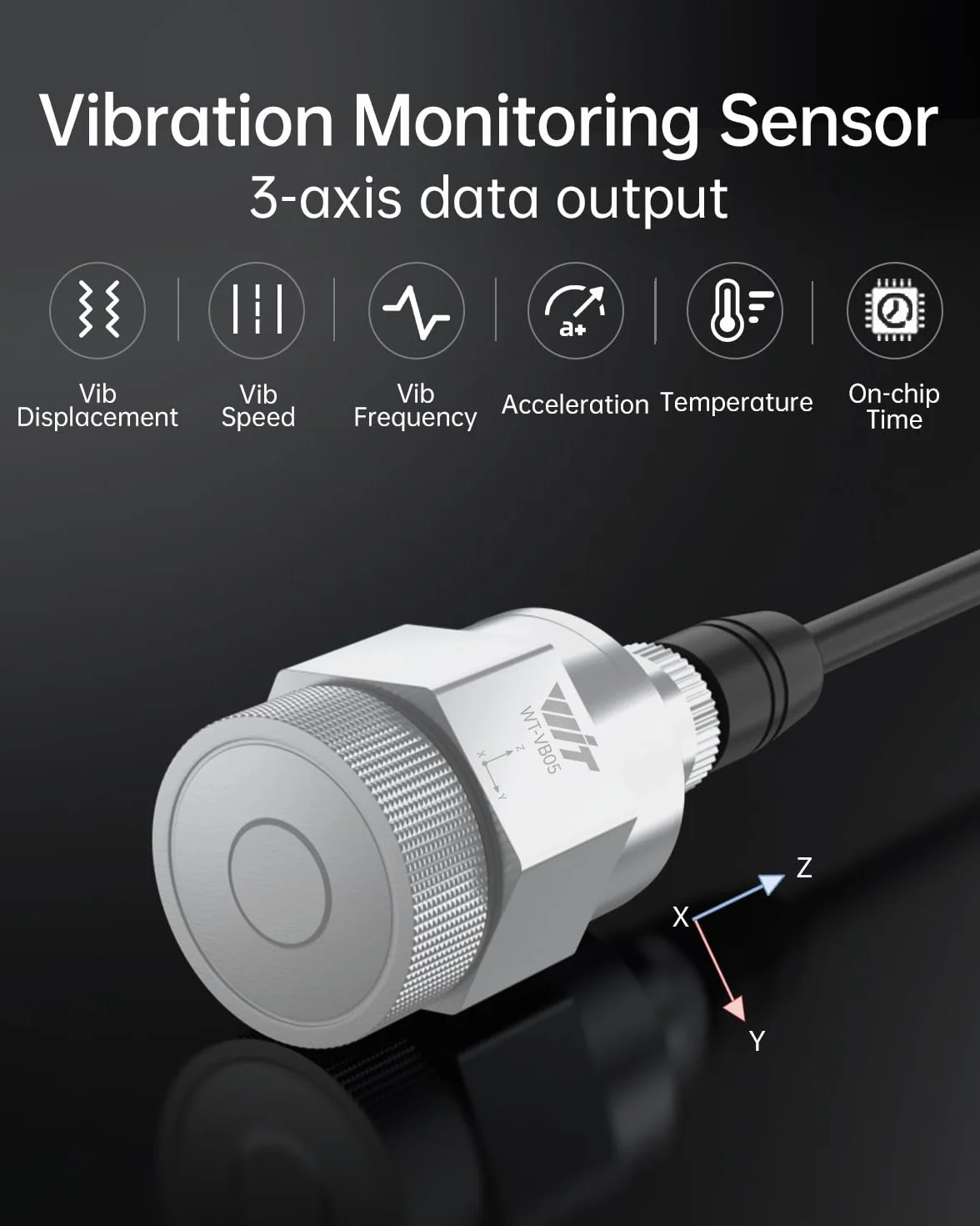 [Sensor de vibración Modbus] RS485 WTVB05, transductor impermeable IP68, detector de vibración de 3 ejes (frecuencia, desplazamiento y velocidad), sensor de aceleración, monitor de motor con magnético
