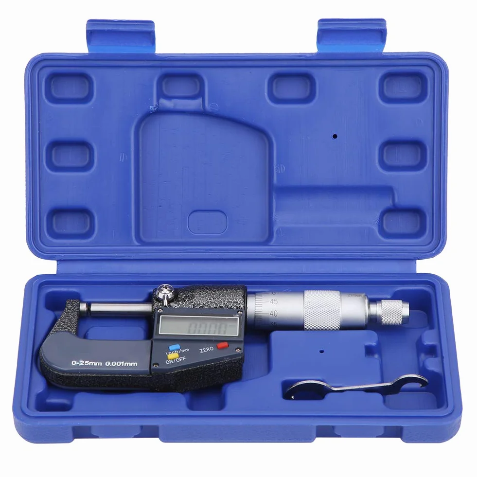 Micrómetro, Micrómetro Doble Cabeza Redonda Digital Acero Inoxidable con Llave, Rango 025mm Resolución Métrica 0.001mm/0.0005in, Micrómetros Exteriores