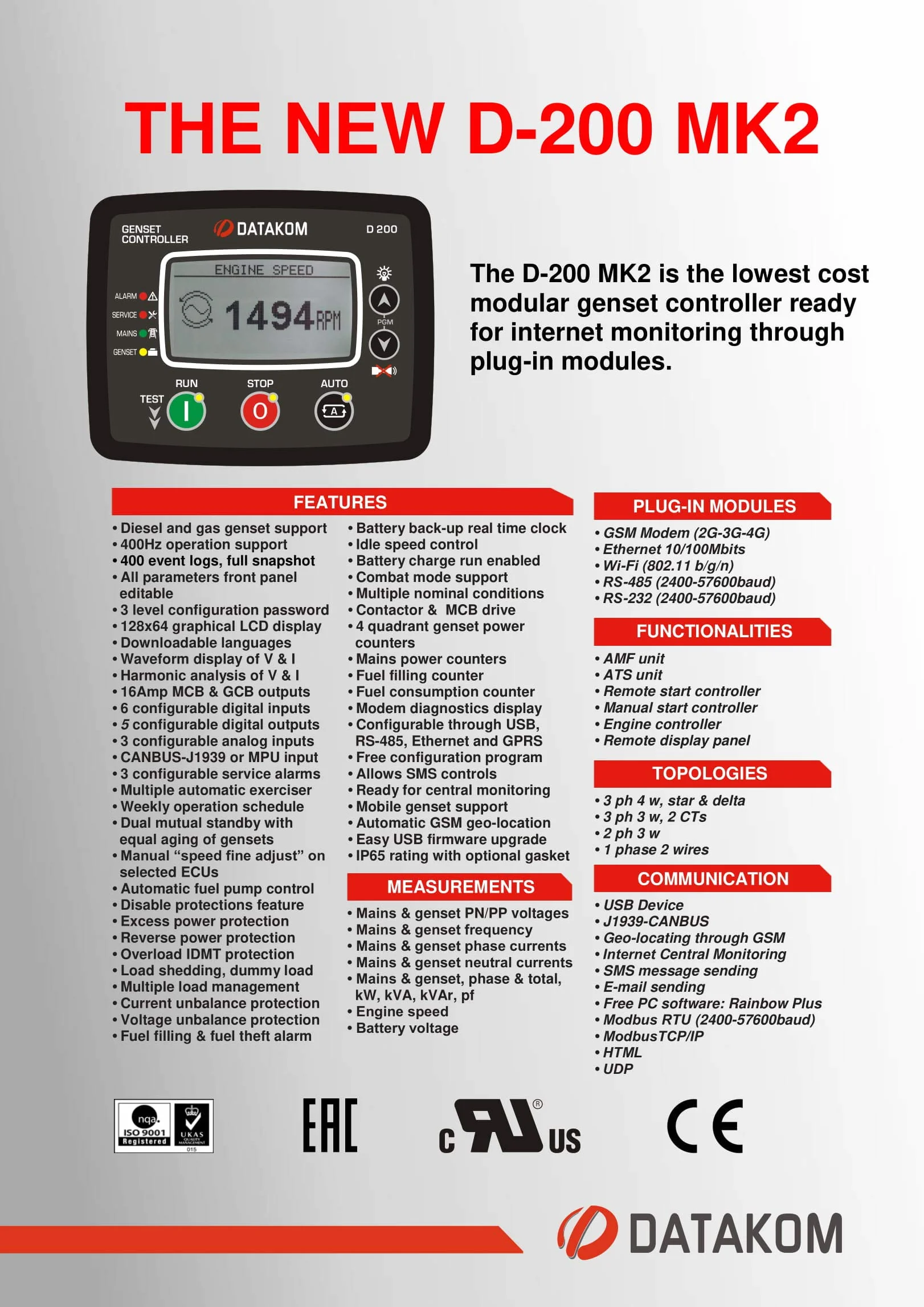 D-200-MK2 Controlador de generador multifuncional con MPU