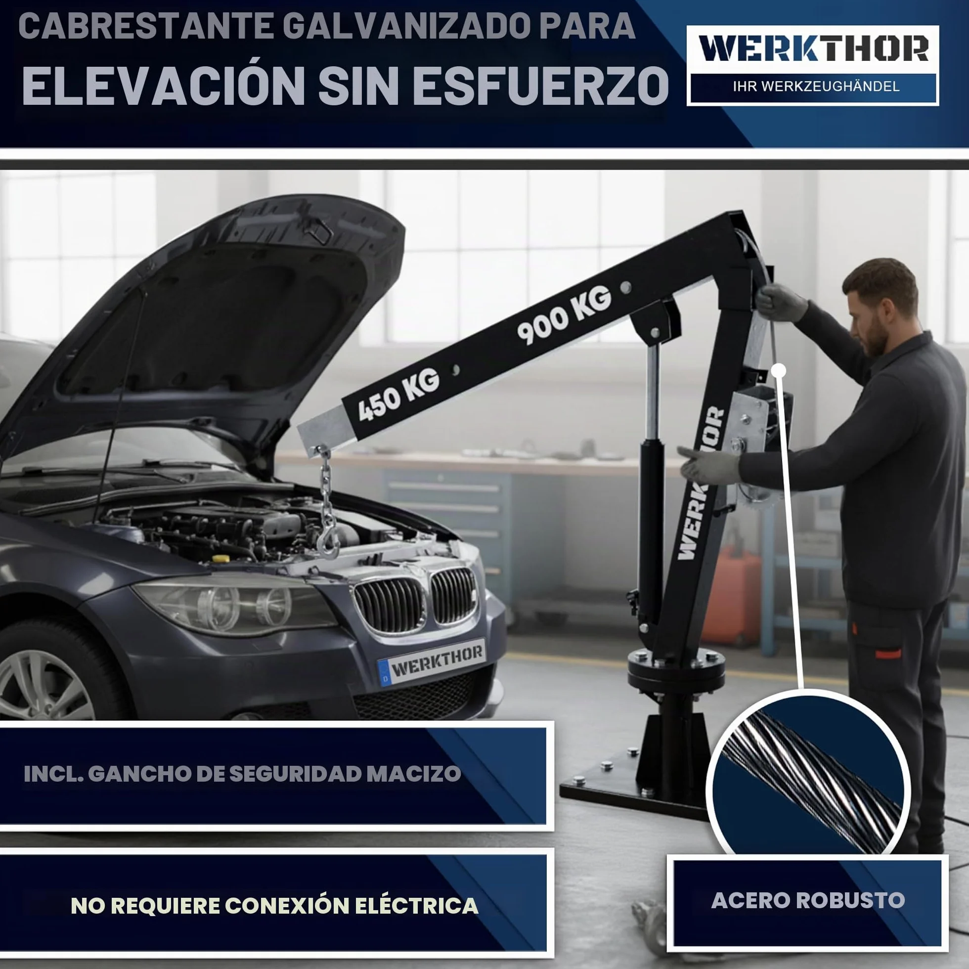 WERKTHOR Grúa de carga para Pick Up 900 kg con cabrestante e hidráulica – Grúa Pick Up para remolque y plataforma giratoria 360° – Mini grúa incl. material de montaje y base sólida – Grúa de taller
