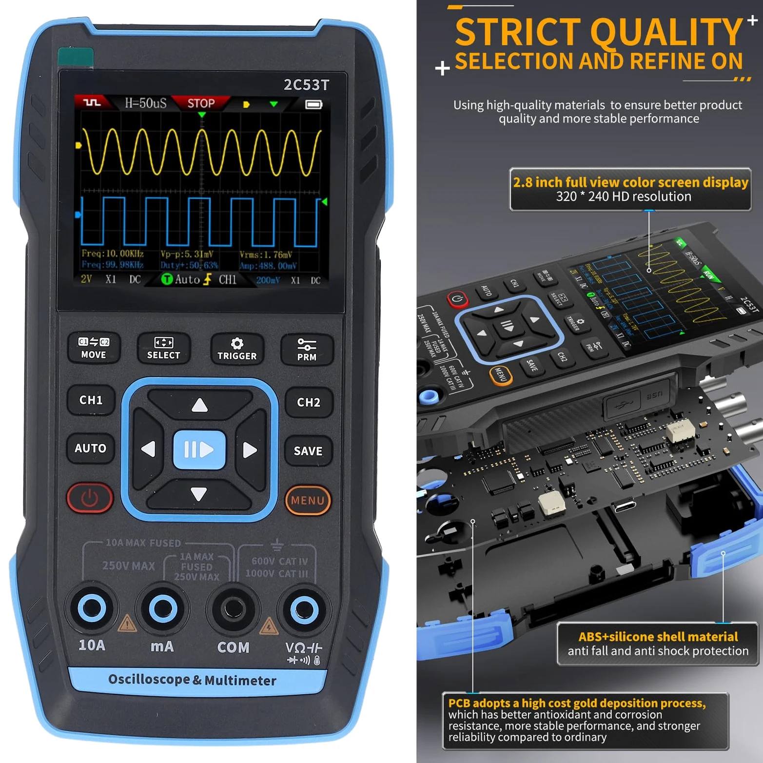 Eujgoov Multímetro de Osciloscopio de Mano Digital Profesional con Generador DDS de 50MHz, Portátil 3 en 1, Adecuado para Trabajo de Trabajo, Aula, Laboratorio con Batería de 3000 MAh