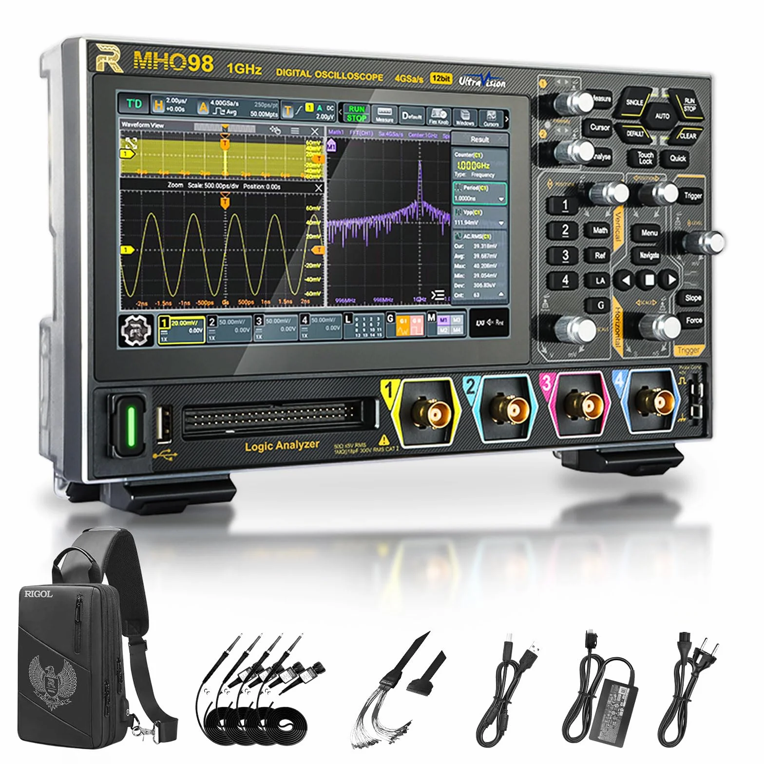 RIGOL MHO98 Osciloscopio Digital, 1GHz, 4GSa/s, 12-bit, 4+16 Canales, Generador AFG Integrado, Wi-Fi & Bluetooth, Alimentación Type-C, Ultraportátil