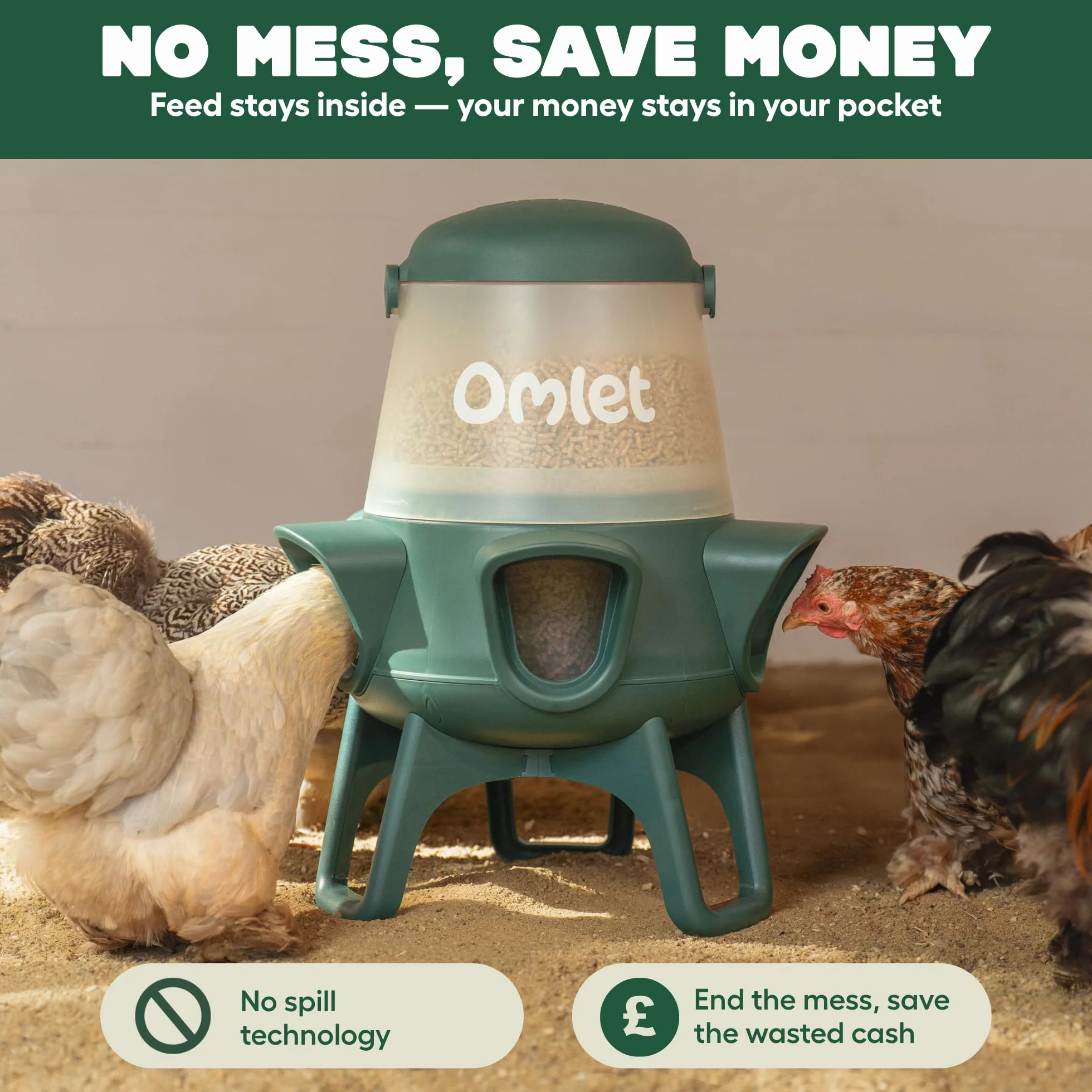 Omlet Comedero para pollos sin residuos | Comedero para aves de corral sin derrames | Puertos antiacosador sin BPA | Fácil de limpiar y montar | Alimenta a 6 gallinas durante 7 días | 5 kg