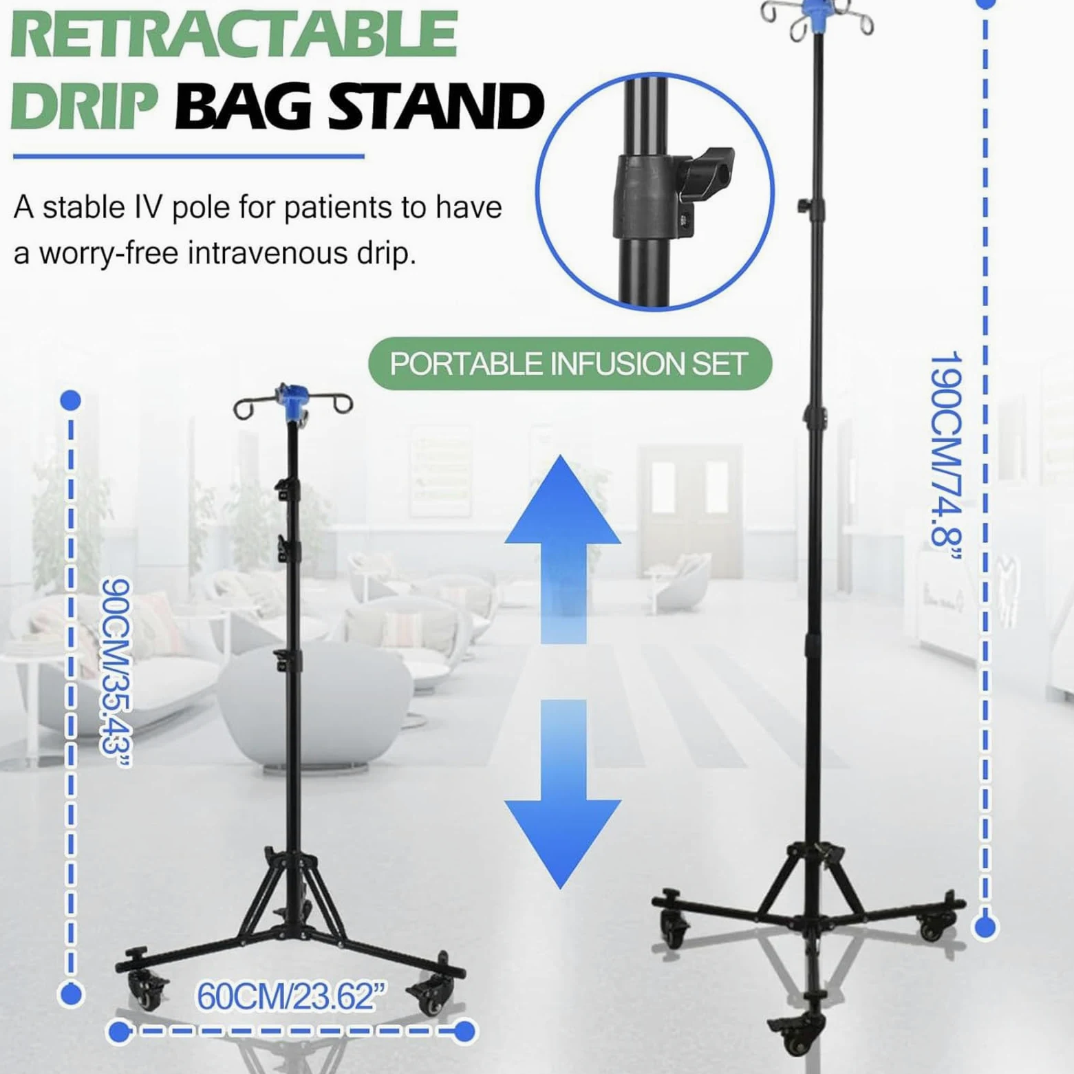 Soporte intravenoso con ruedas Plegable | Soporte de ajustable con gancho para botella Estable Portátil Altura Ajustable para Ancianos Cuidado Diario en Cama Hogar
