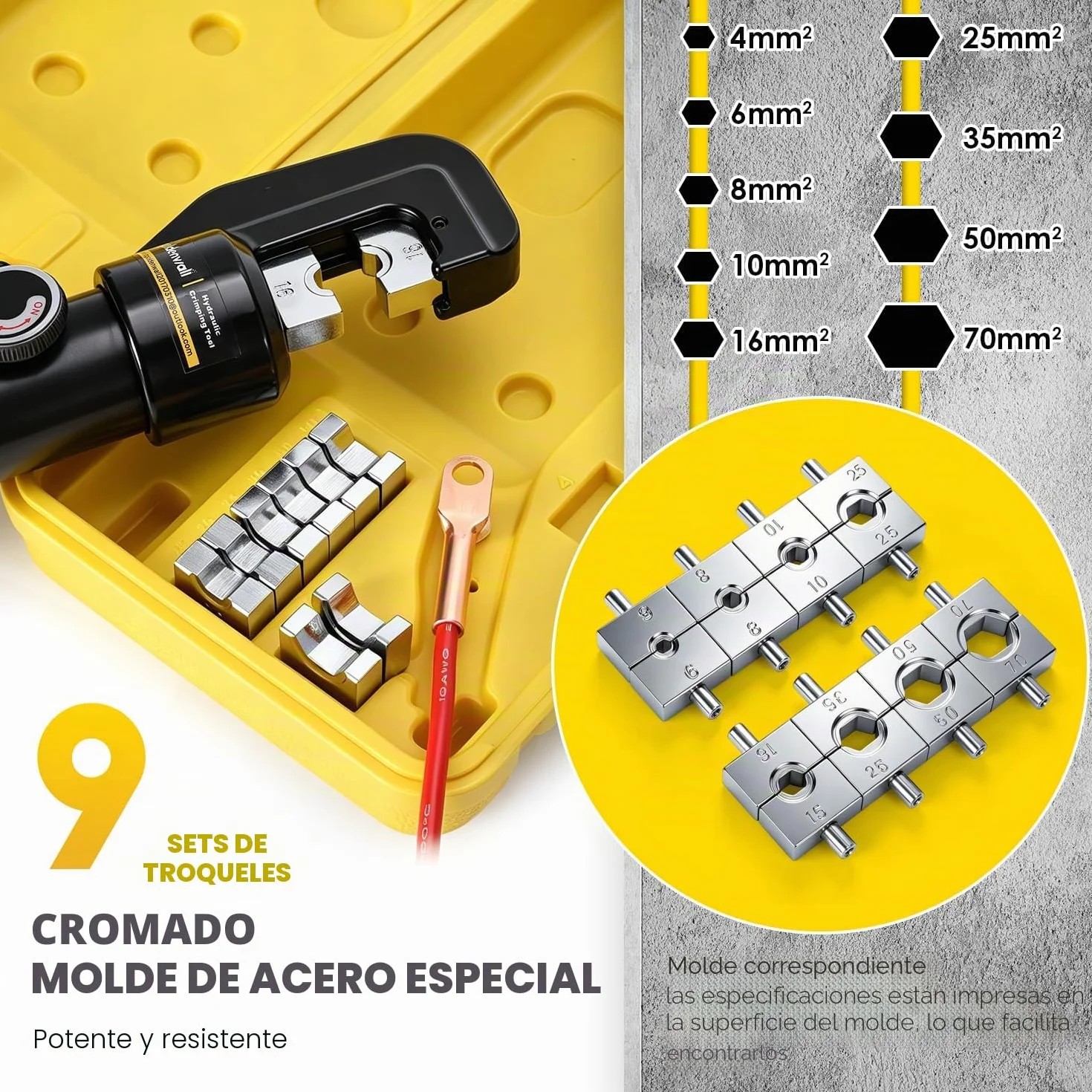 CGOLDENWALL YQK-70 Crimpadora Hidráulica 10T 9 Matrices Acero Hexagonal 4-70mm² Trazo 12mm