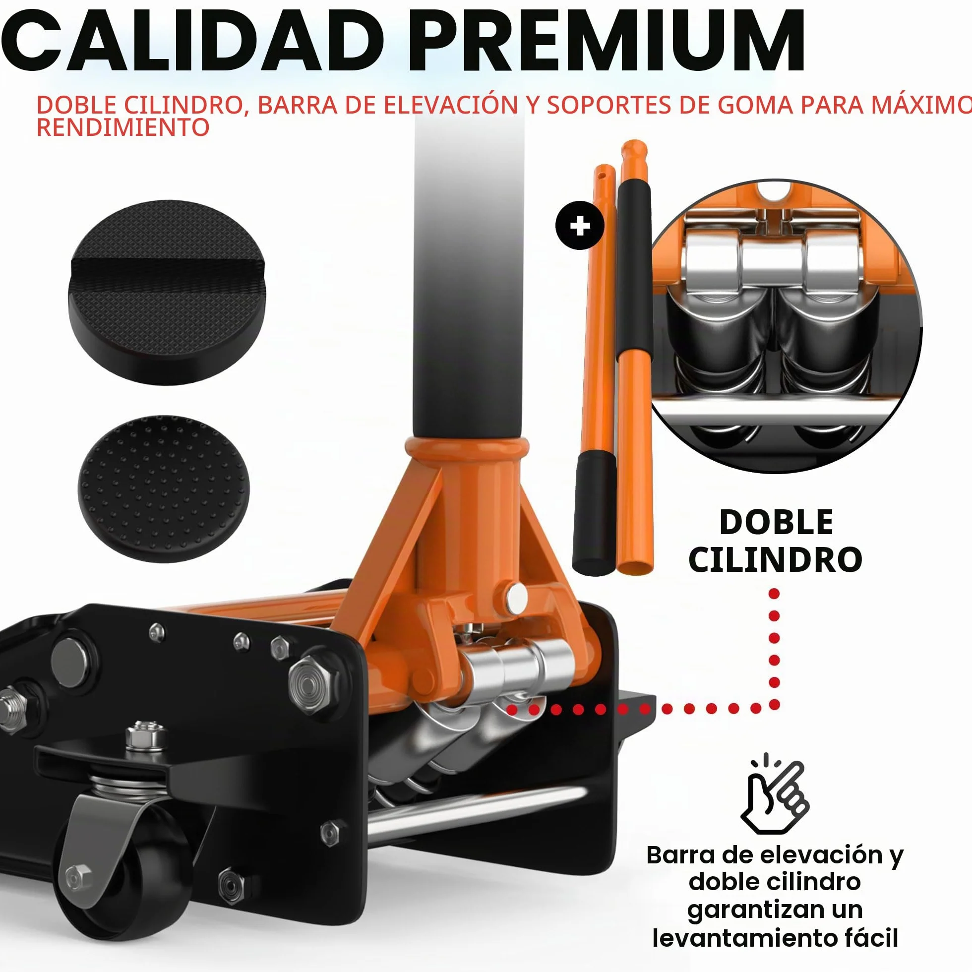 Gato hidráulico 3T de Perfil bajo 75-505mm con 2 Soportes de Goma – Elevador para Coche con Ruedas giratorias 360° – Naranja