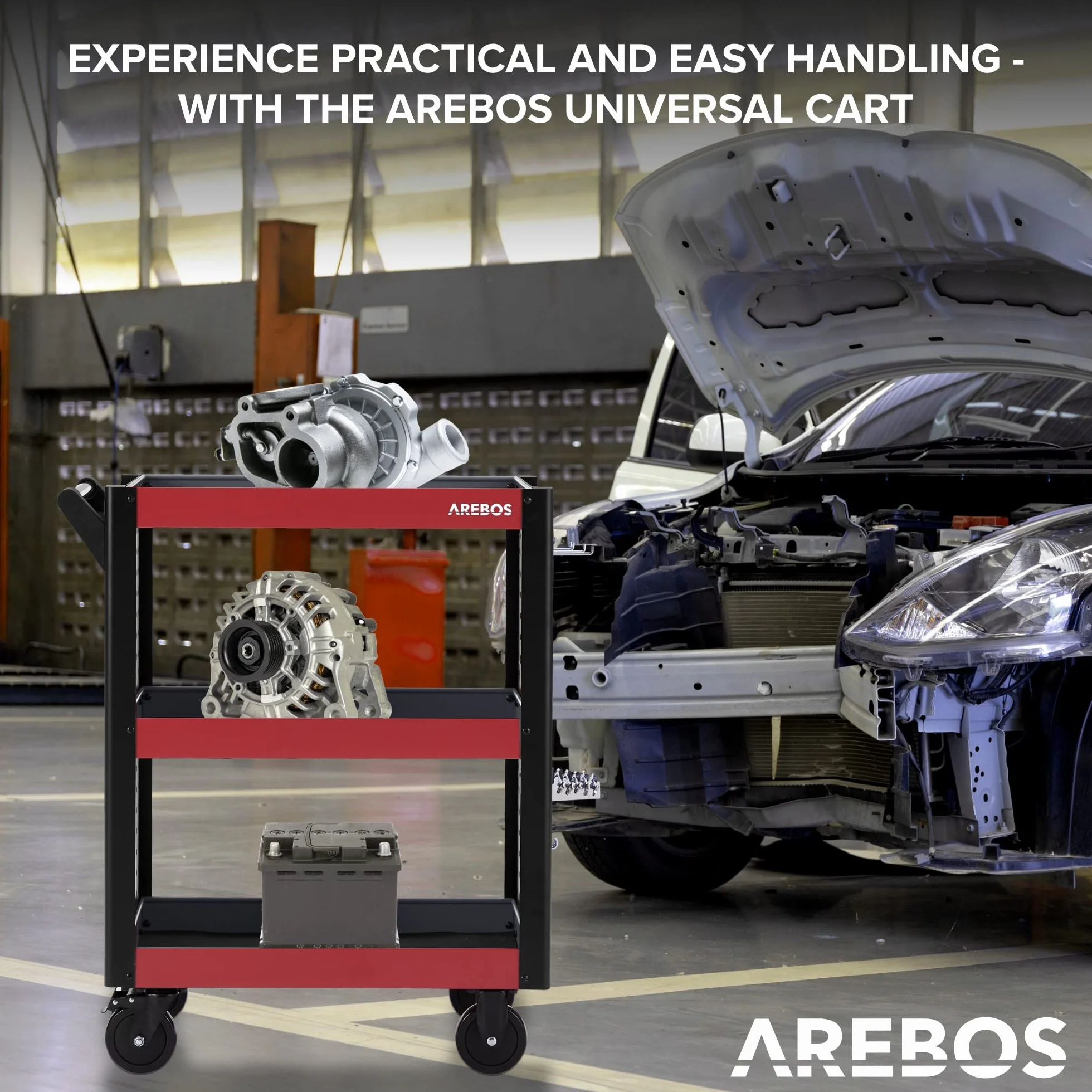 Arebos Carro de Servicio Multifuncional | 3 Compartimentos | Taller, Herramientas, Transporte y Almacenamiento | Estanterías Multiuso | Rojo/Negro