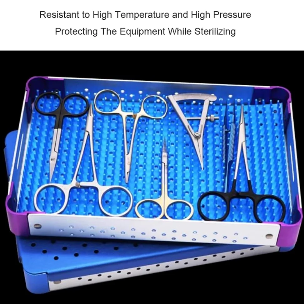 Caja de Bandeja de esterilización con tapete de Silicona Caja de desinfección de aleación de Aluminio para Guardar Instrumentos(23 * 15 * 3cm)