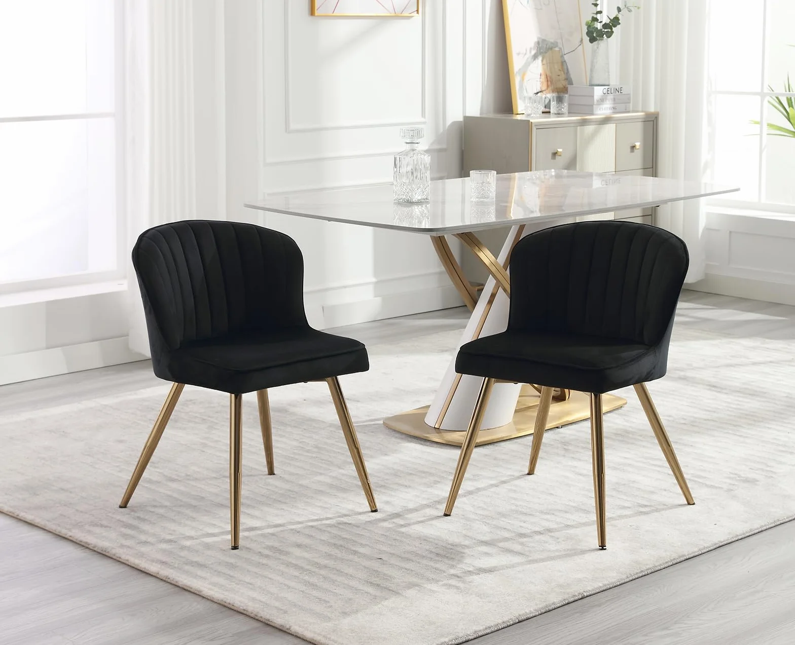 chairus Juego de 2 Sillas de Comedor de Terciopelo Sillas de Cocina Minimalista con Patas Doradas, Silla Lateral sin Brazos para Casa/Restaurante, Negro