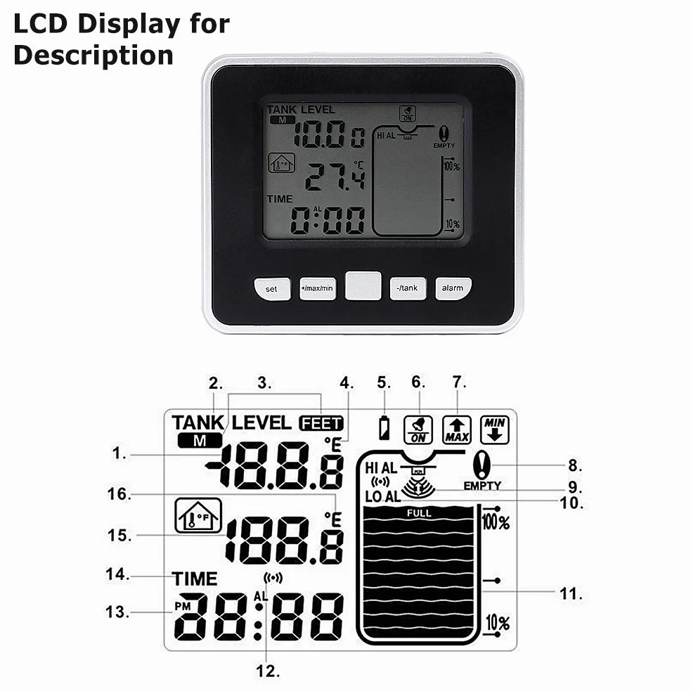 Transmisor del Sensor de Nivel de Agua, Tanque de Agua Conjunto de sensores de temperatura del Agua con Unidad de Transmisor de Pantalla LCD con Sensor Ultrasónico y Sensor Térmico