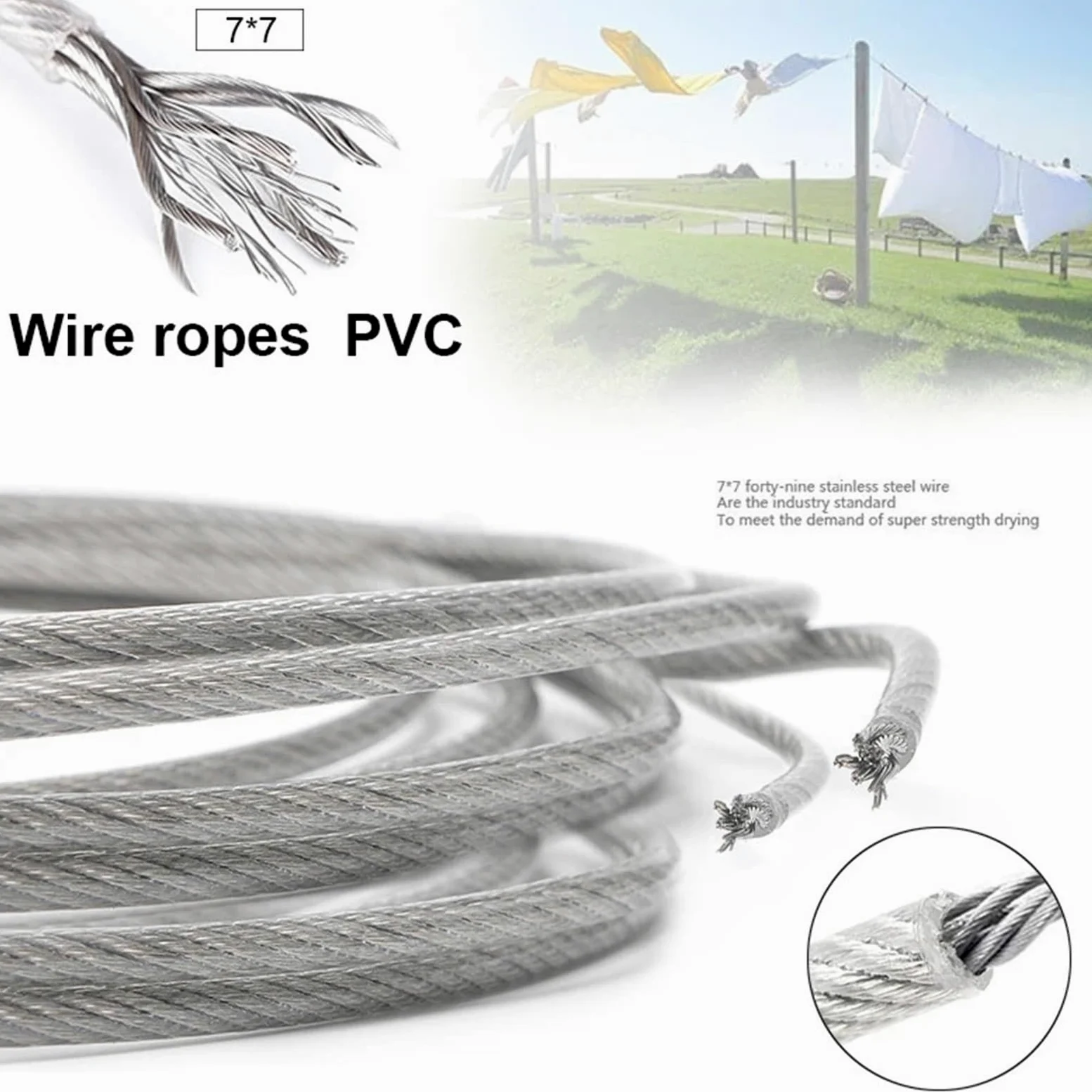 Alambre De Acero Plastificado Cable de acero inoxidable recubierto plástico 50,0 m, 7 x, cuerda goma for enrejado uva balcón