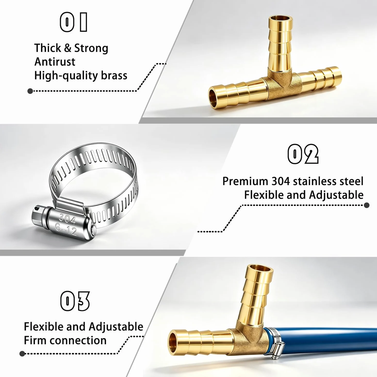 2pcs 5/16 "latón Tee Barb Fitts,3 vías Unión Intersección montaje T forma de púas Splitter montaje empalmador con abrazaderas de manguera para agua combustible aire H-058-5/16