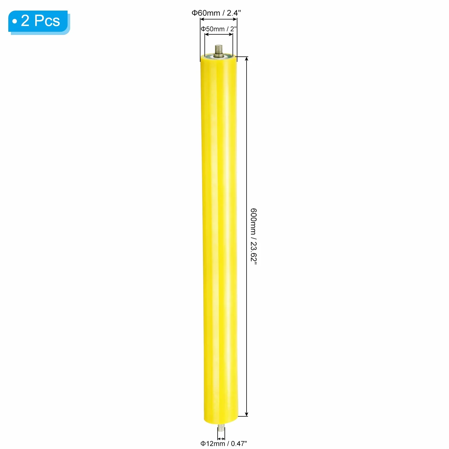 PATIKIL Transportador Poliuretano Recubierto Rodillo 4" Diámetro 24" Longitud, 2 Paquete Inoxidable Acero Transmisión Reemplazo Parte Galvanizado Extremo, Amarillo