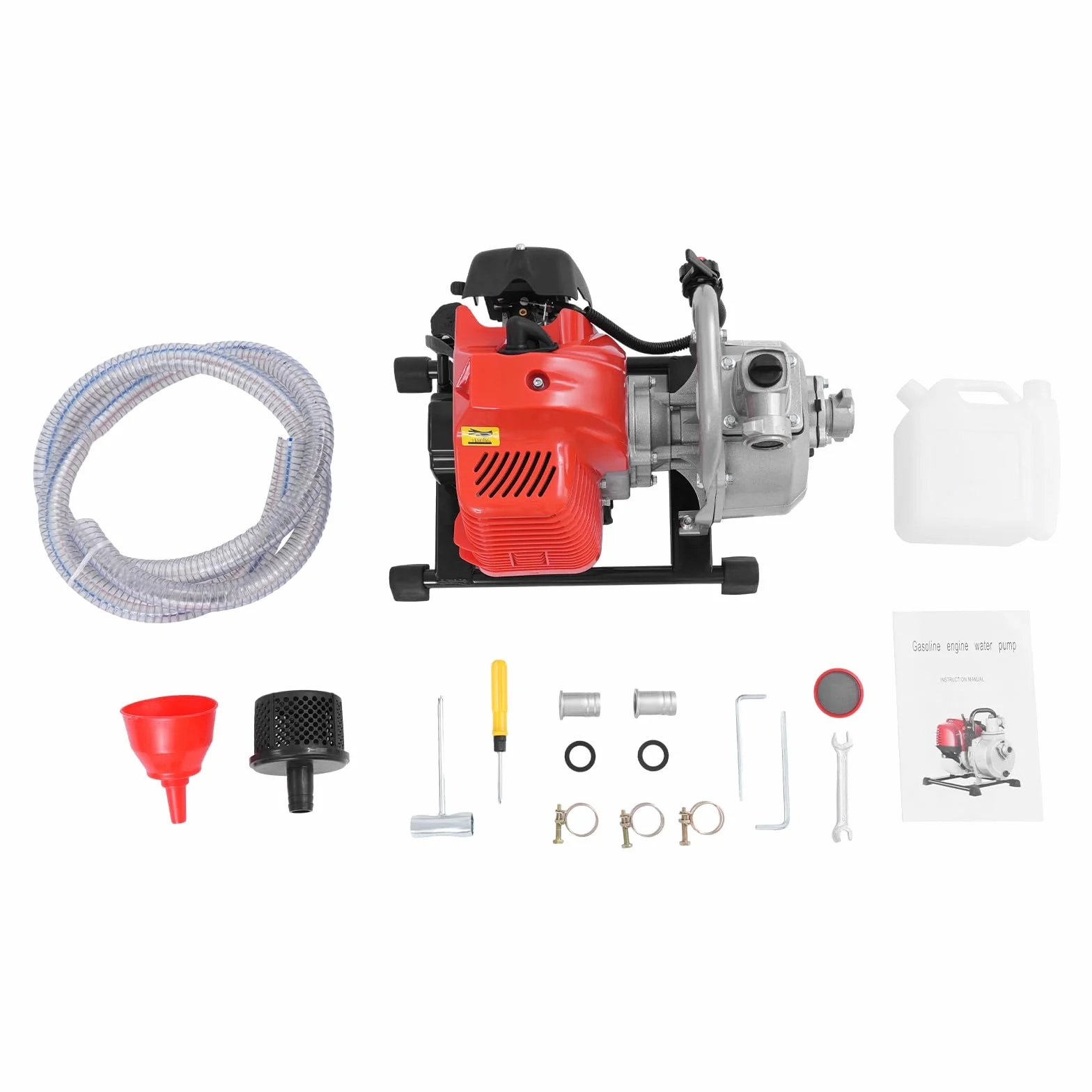 Bomba de agua, gasolina, 2 tiempos, bomba de jardín, 1,7 HP 43 cc, 10 m³/h, 30 m, altura de extracción de 25 mm, conector de 2 m, tubo de entrada (plata+negro+rojo)