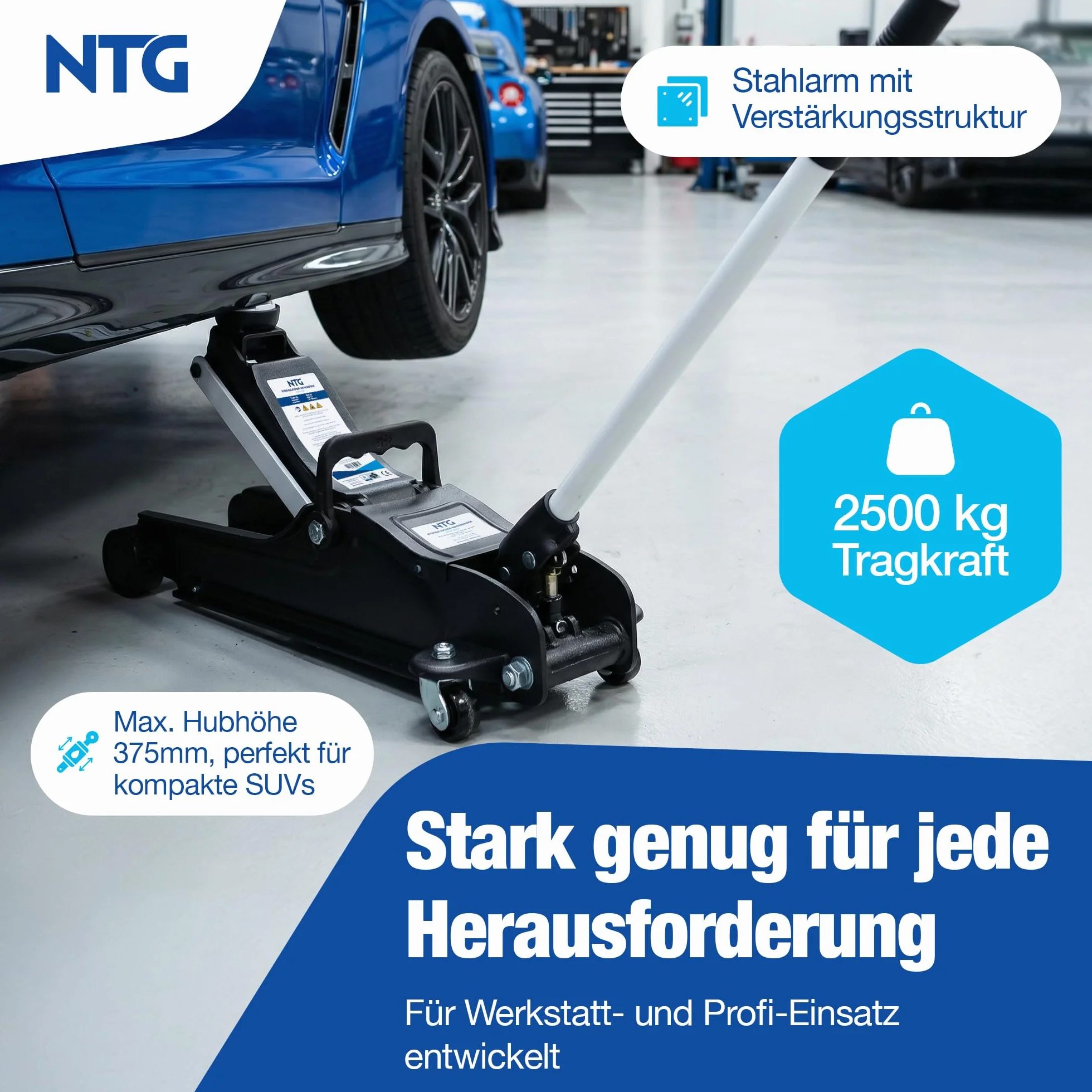 Gato hidráulico 2,5T certificado TÜV (85-375 mm altura de elevación) – Gato hidráulico profesional plano para coches bajos, elevador NTG (+ revestimiento de goma con ranura)