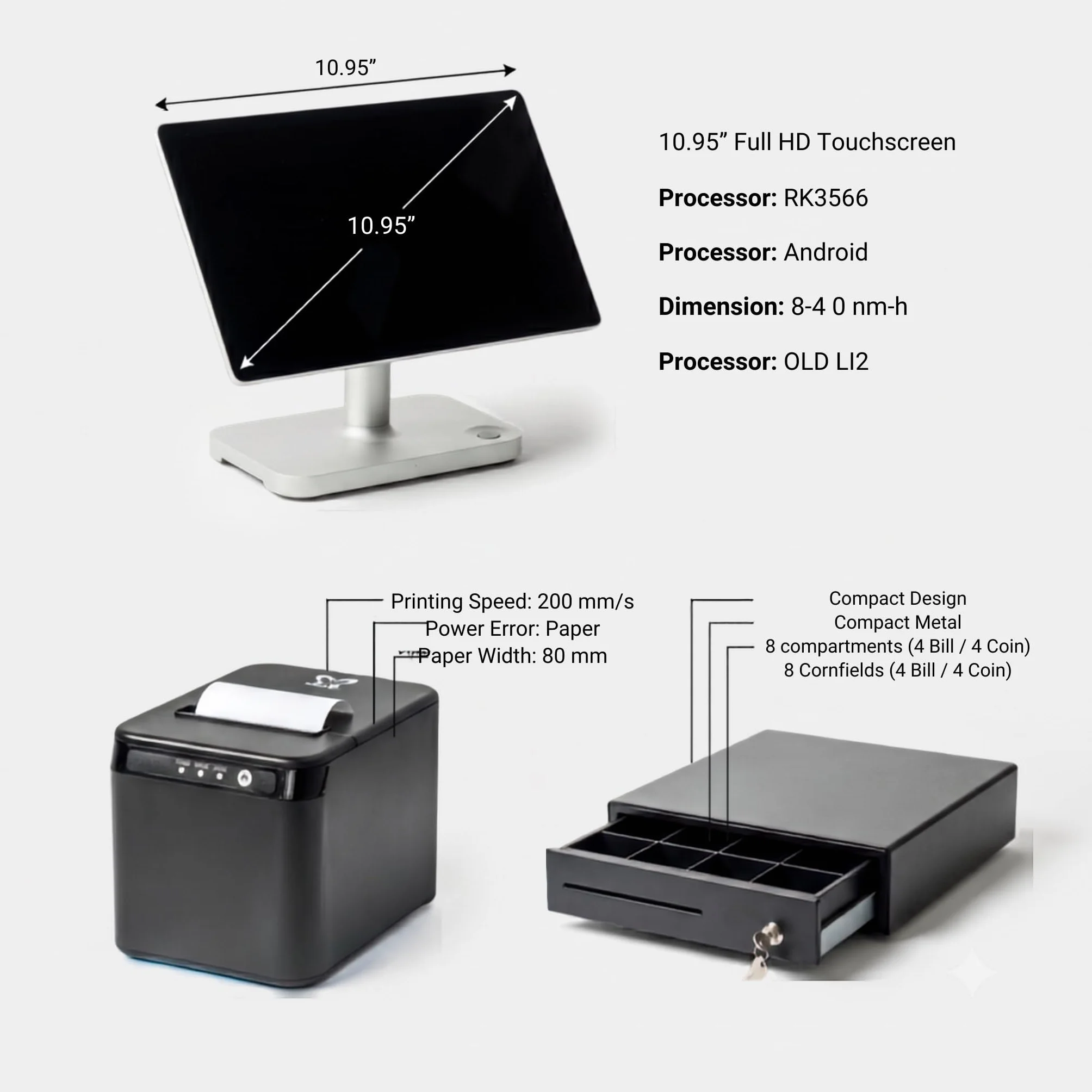 TPV Completo Lyra | Terminal Android 11 Libre sin Cuotas | Pantalla 10.95", Impresora de Tickets y Cajón Portamonedas Compacto 33cm | Sistema para Bar, Cafetería, Restaurante y Tienda
