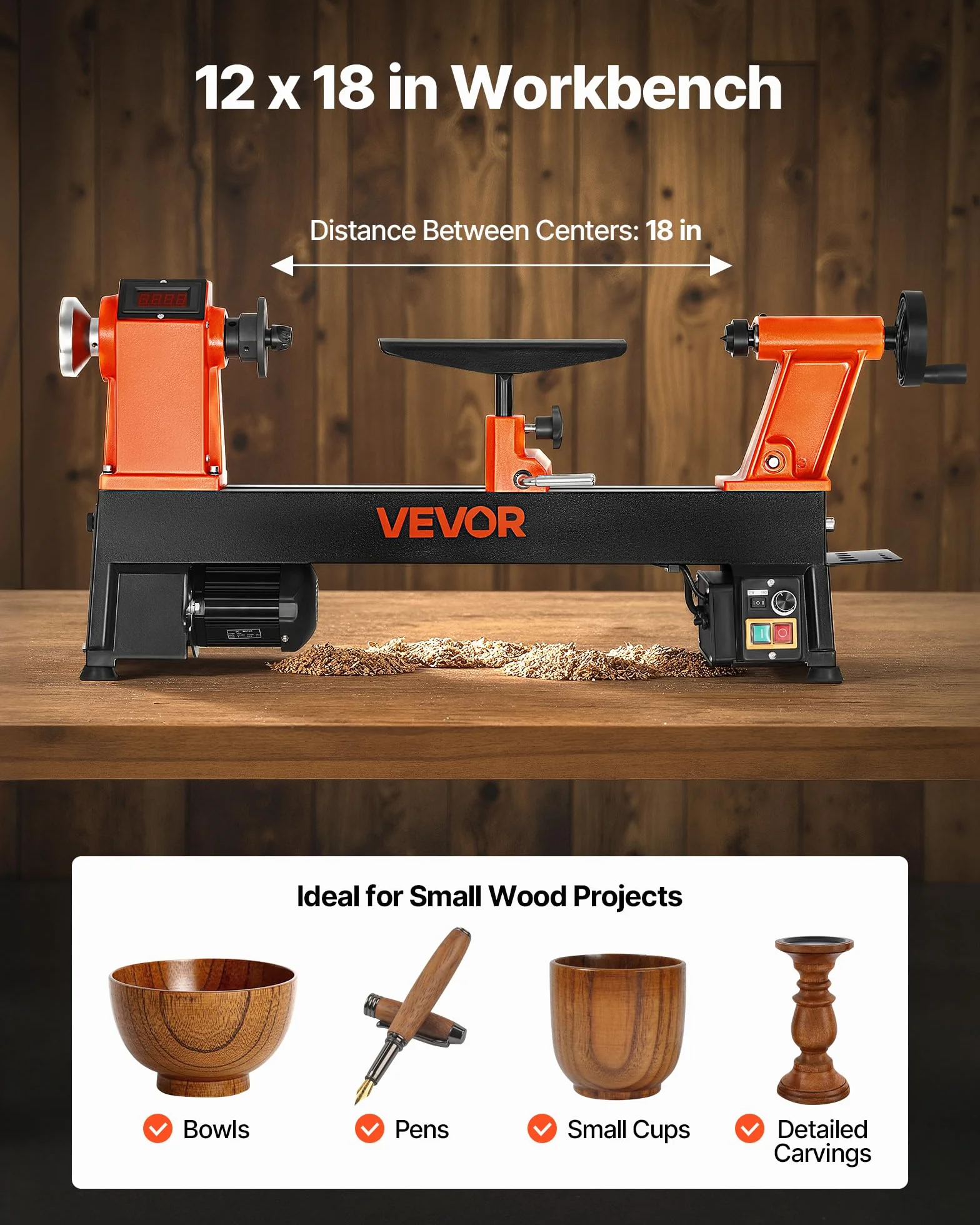 VEVOR 750 W Torno de Sobremesa de Carpintería con Velocidad Variable de 150 a 3800 RPM, Banco de Trabajo de 304 x 465 mm, Motor de CC sin Escobillas, Construcción de Hierro Fundido para Bricolaje