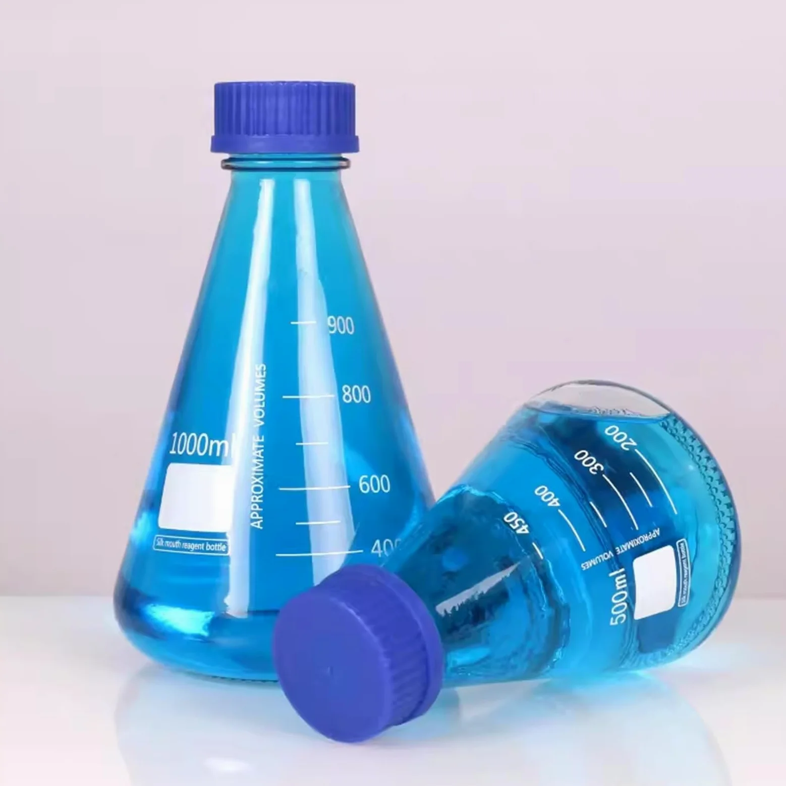 Frasco de vidrio para reactivos de laboratorio, Botella de reactivo de vidrio de laboratorio, matraz Triangular con tapa de tornillo azul cónico, 250/500/1000ml(500ml)