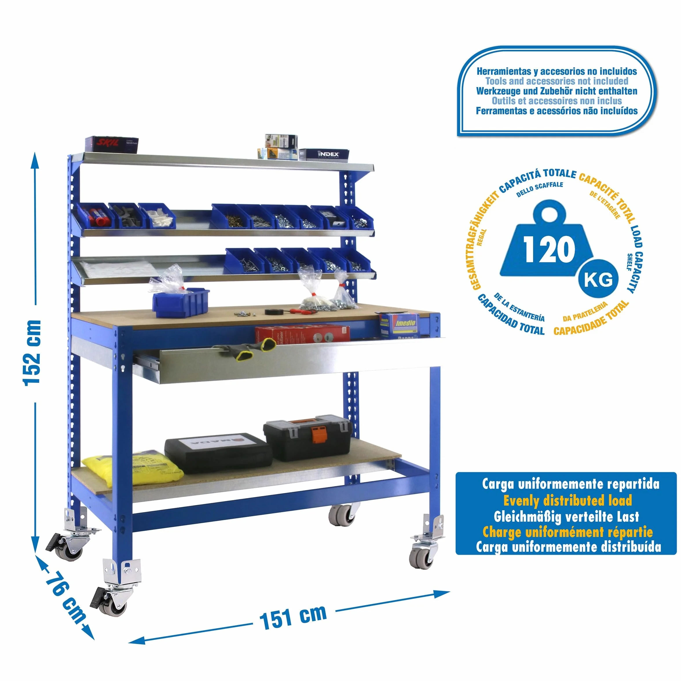 Simon Rack Banco de Trabajo Taller, Capacidad Carga 120 kg, 1520x1510x760 mm, Mesa de Trabajo, Incluye Ruedas, 1 Cajón, Azul/Madera - BT1