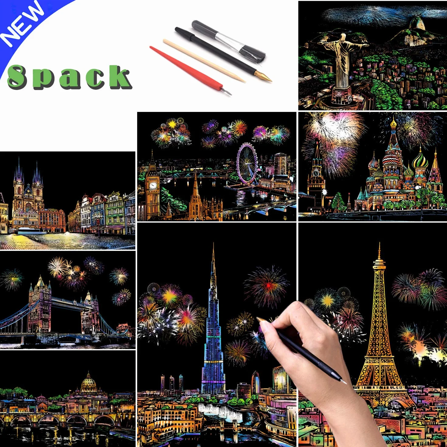 Scratch Paper Rainbow Painting Sketch City Series Night Scene 4 Tools