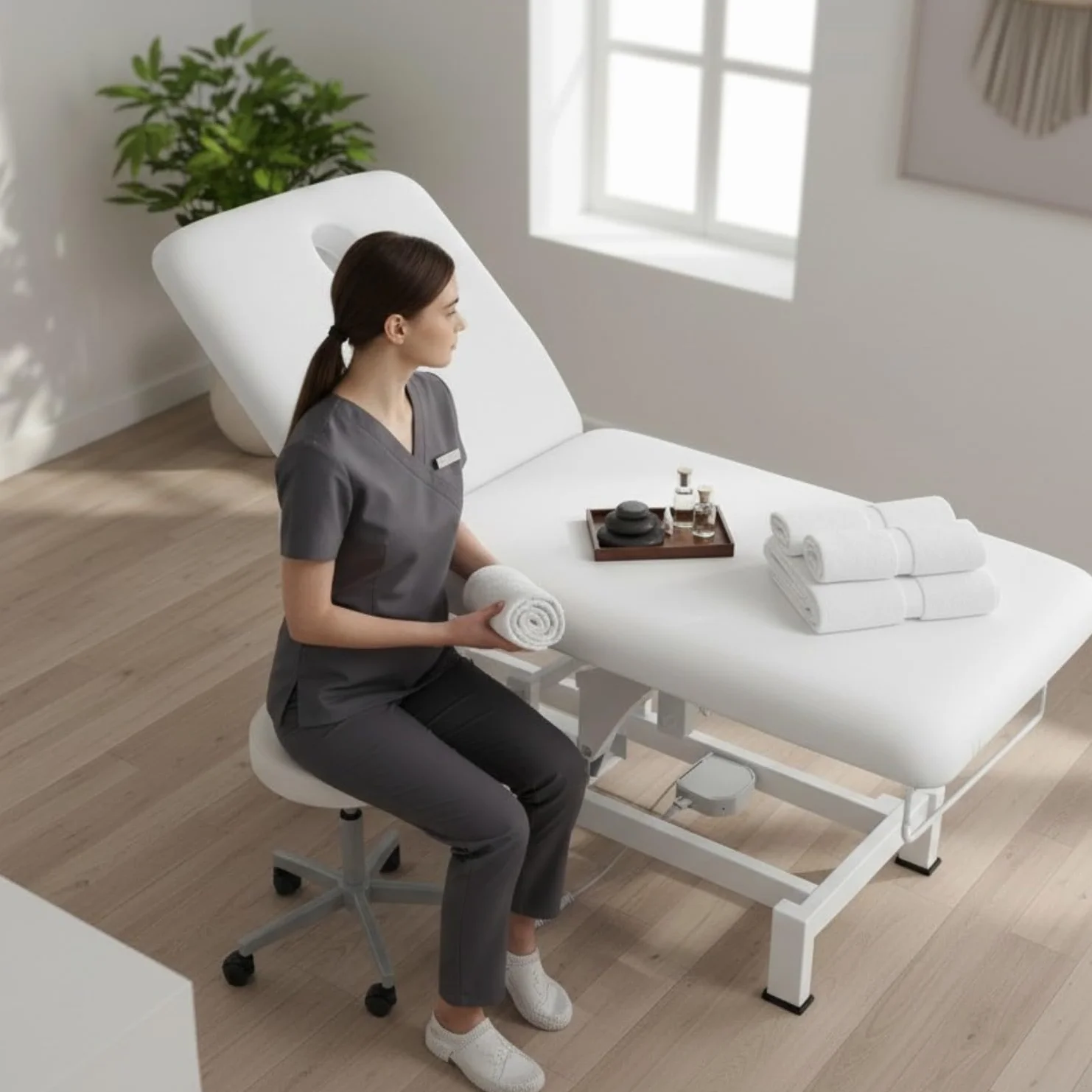 Más saludable – FOBIA, mesa de cuidado estético eléctrica, ancho 65 a 75 cm, altura ajustable (blanco 65 cm (sin puerta de rodillo, sin rueda))