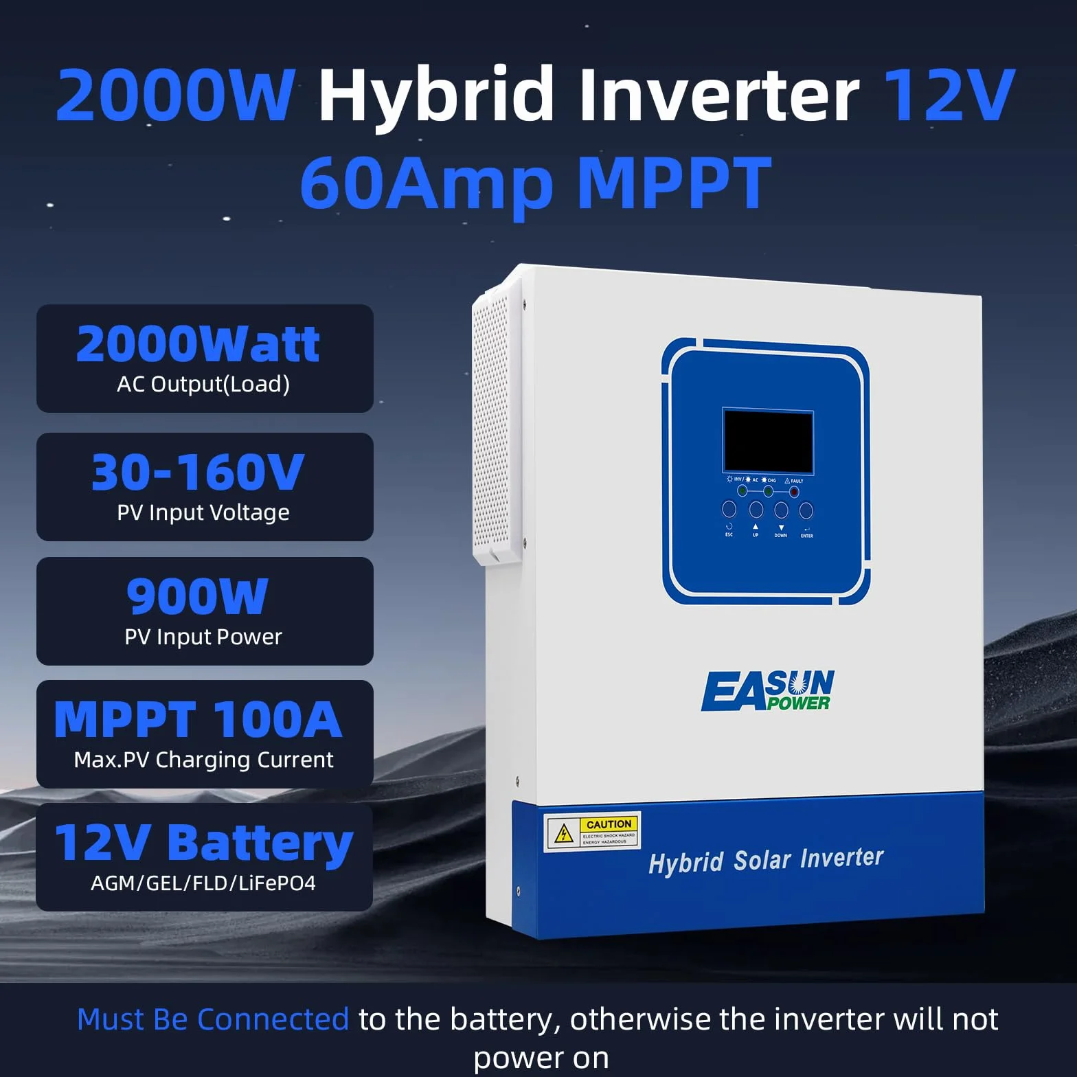 POWLAND Inversor híbrido 2000W, Independiente de Red, CC 12V a CA 230V, PV 900 W 30-160 VDC, para baterías de Plomo y Litio 12 V, con módulo WiFi
