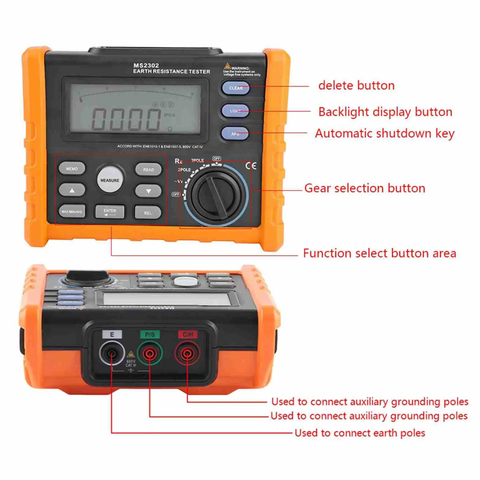 PEAKMETER MS2302 Probador digital de resistencia de tierra Medidor de resistencia Megger 0~4K ohm 100 Grupos Registro de datos